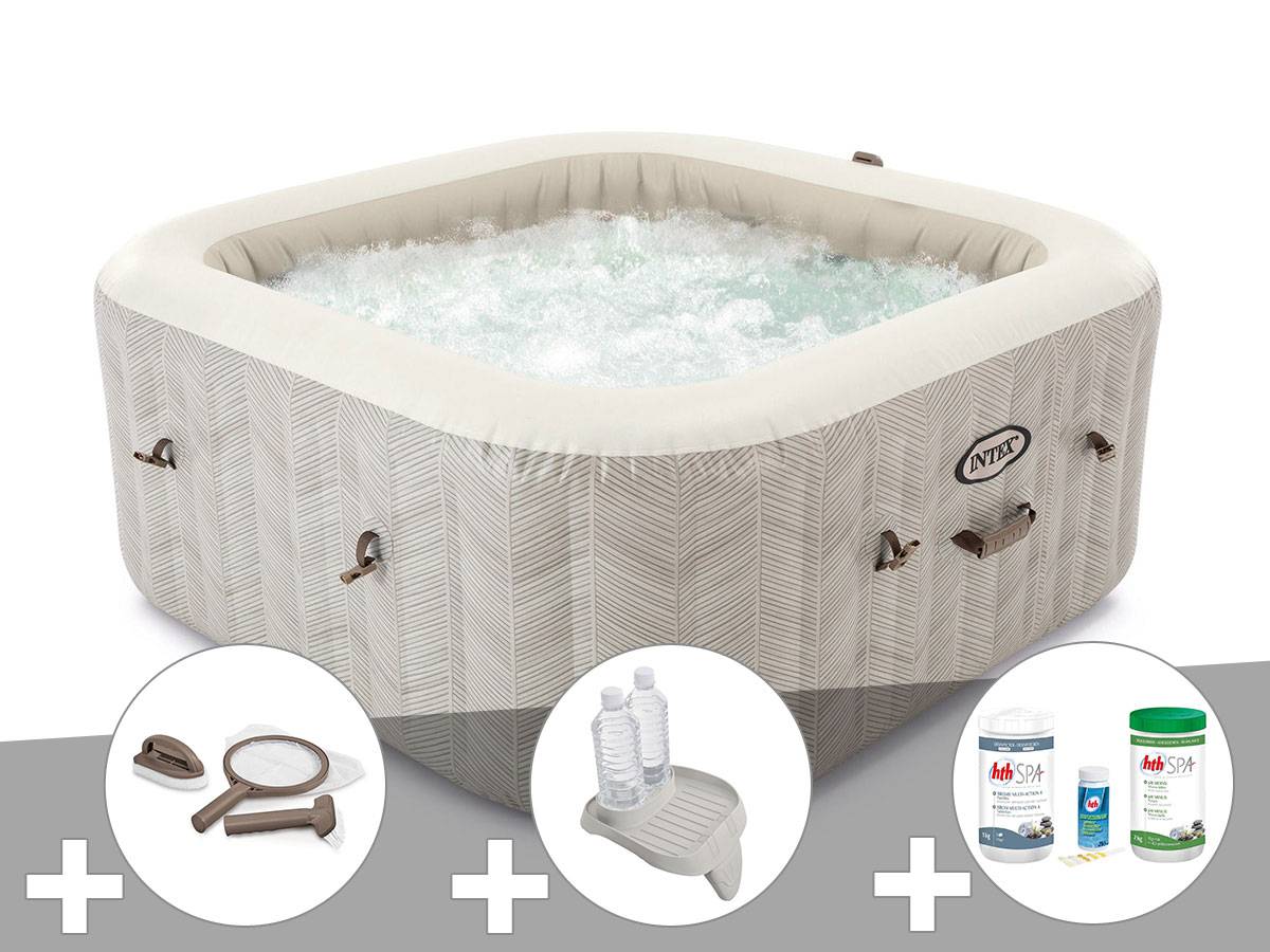 Kit spa gonflable Intex PureSpa Chevron carré Bulles 4 places + Kit d'entretien + Porte-verre + Kit de traitement brome