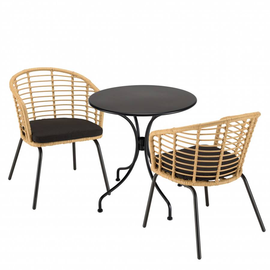 Macabane - MALO - SALON DE JARDIN 2 PERS. - Table ronde 70x70cm et 2 fauteuils beiges et noirs - Image 1
