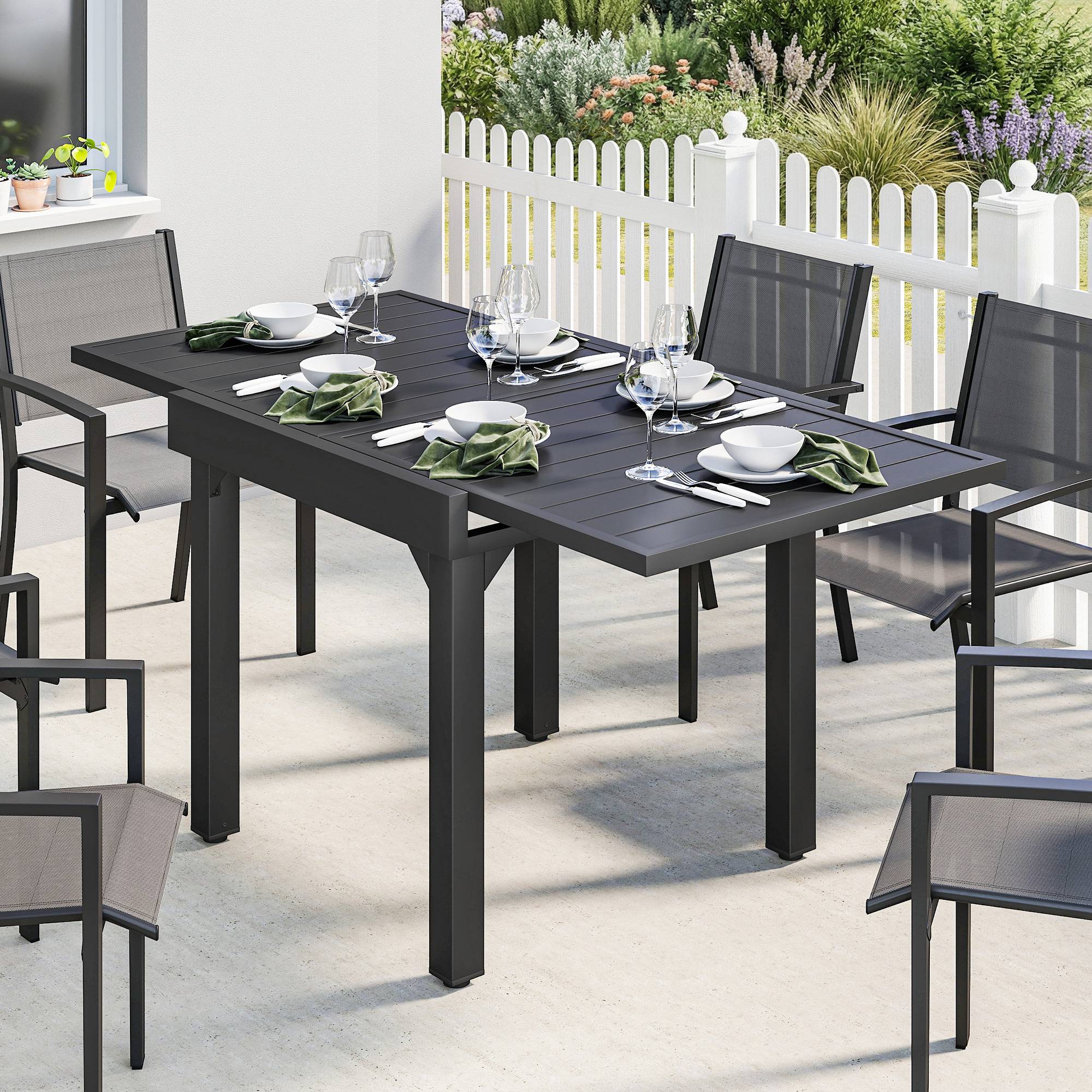Table de jardin extensible d'extérieur 80/160 cm pour 4 à 6 personnes, rectangulaire, noire, idéale pour terrasse. - Image 3