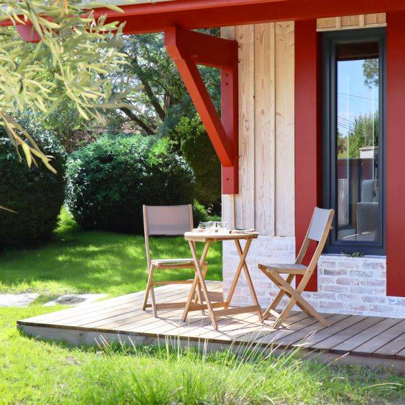 Ensemble table et chaises de jardin RIMINI 2 places en bois d'acacia et textilène taupe Beau Rivage - Image 2