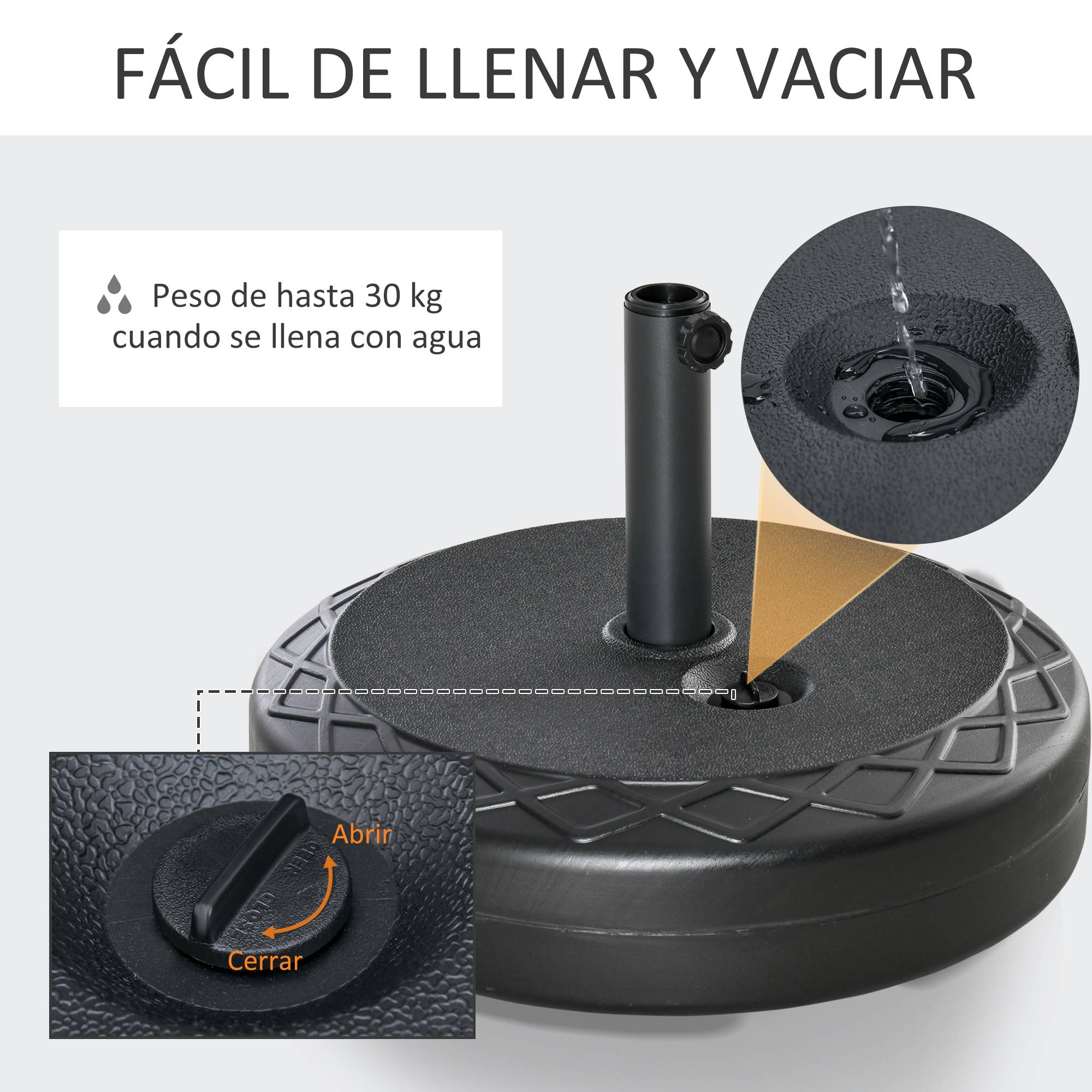 Pied de Parasol Rond à Remplir 30kg pour Mâts de Ø38mm et Ø48mm Noir - ComfortXL Outdoor Living - Image 7