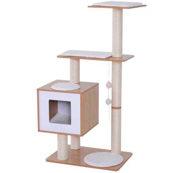 Arbre à Chat en Bois 71,5 x 49,5 x 120 cm avec Grotte, Plateformes, Poteaux Sisal, Coussins Peluche et Balles, Naturel - Image 2