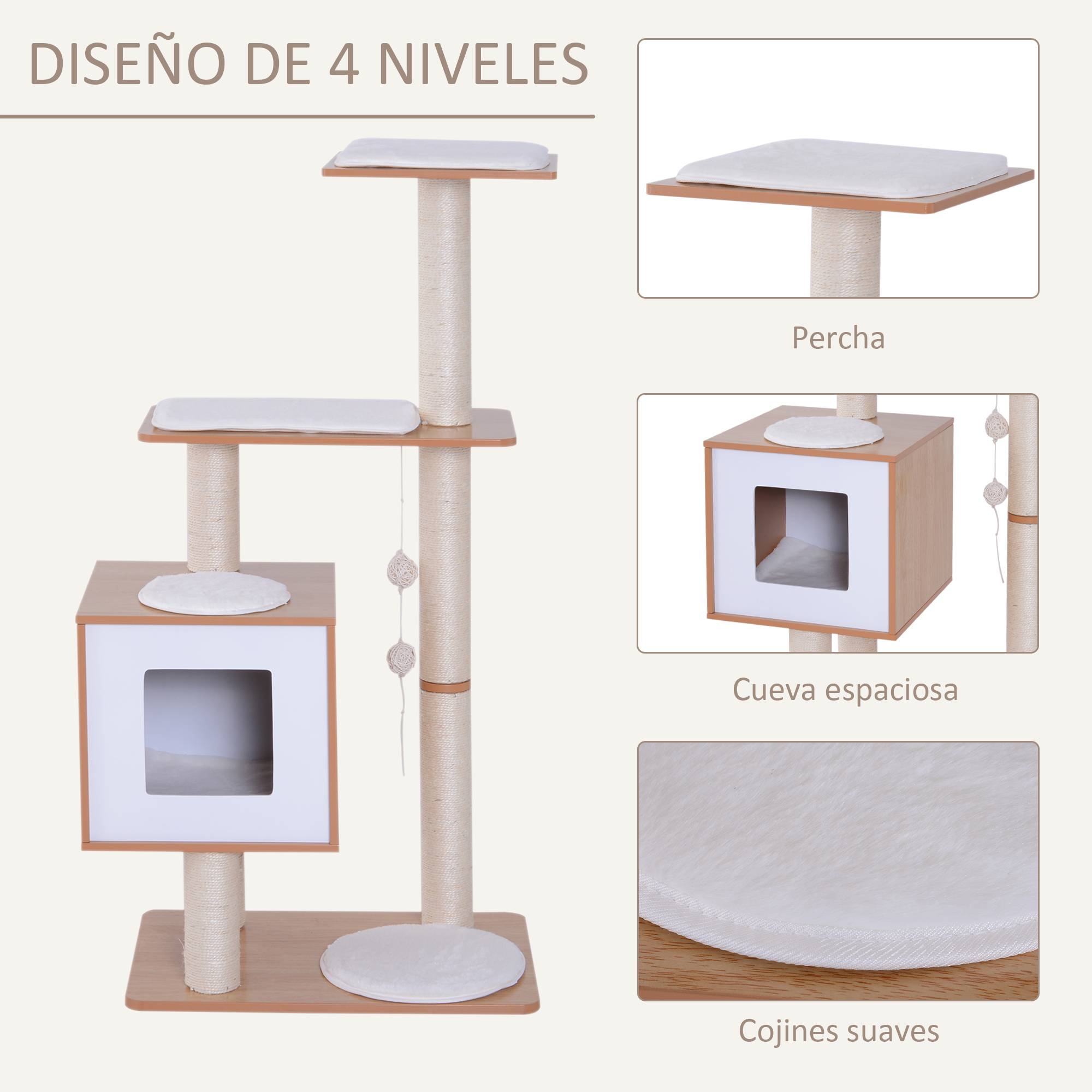 Arbre à Chat en Bois 71,5 x 49,5 x 120 cm avec Grotte, Plateformes, Poteaux Sisal, Coussins Peluche et Balles, Naturel - Image 7