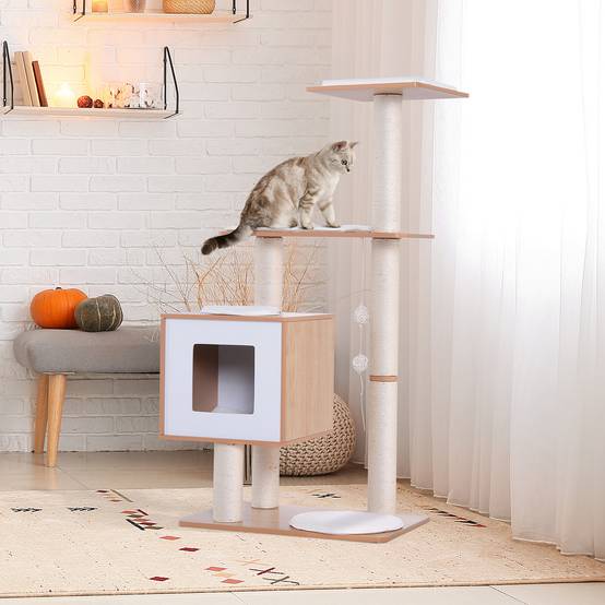 Arbre à Chat en Bois 71,5 x 49,5 x 120 cm avec Grotte, Plateformes, Poteaux Sisal, Coussins Peluche et Balles, Naturel - Image 3