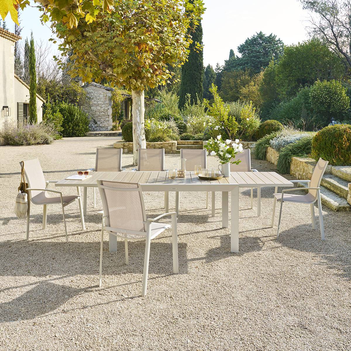 Hesperide - Table de jardin extensible coulissante "Évasion" effet bois lin & argile 10 places lates en aluminium Hespéride - Image 1