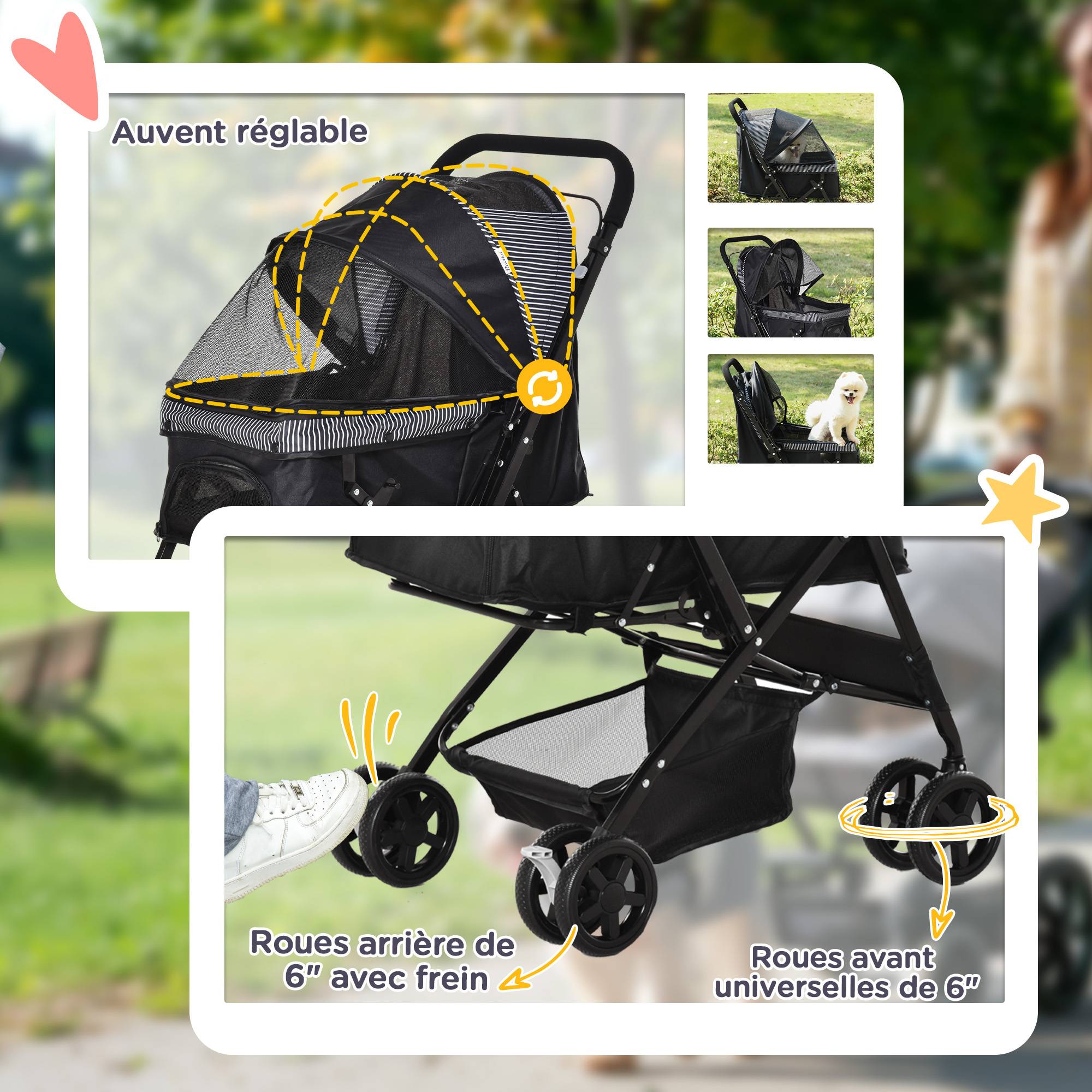 Poussette pour chien animaux de compagnie pliable 4 roues EVA guidon réglable panier 76,5 x 52 x 95 cm - Image 8