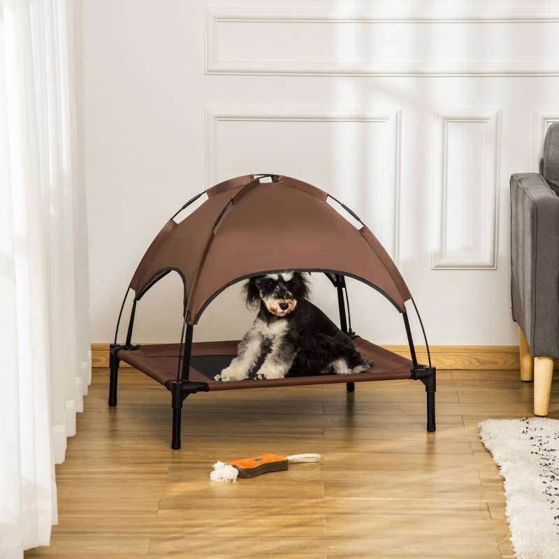 Lit de camp pour chien extérieur avec auvent 76 x 61 x 73 cm métal tissu oxford et mesh café - PANGIVO - Image 2