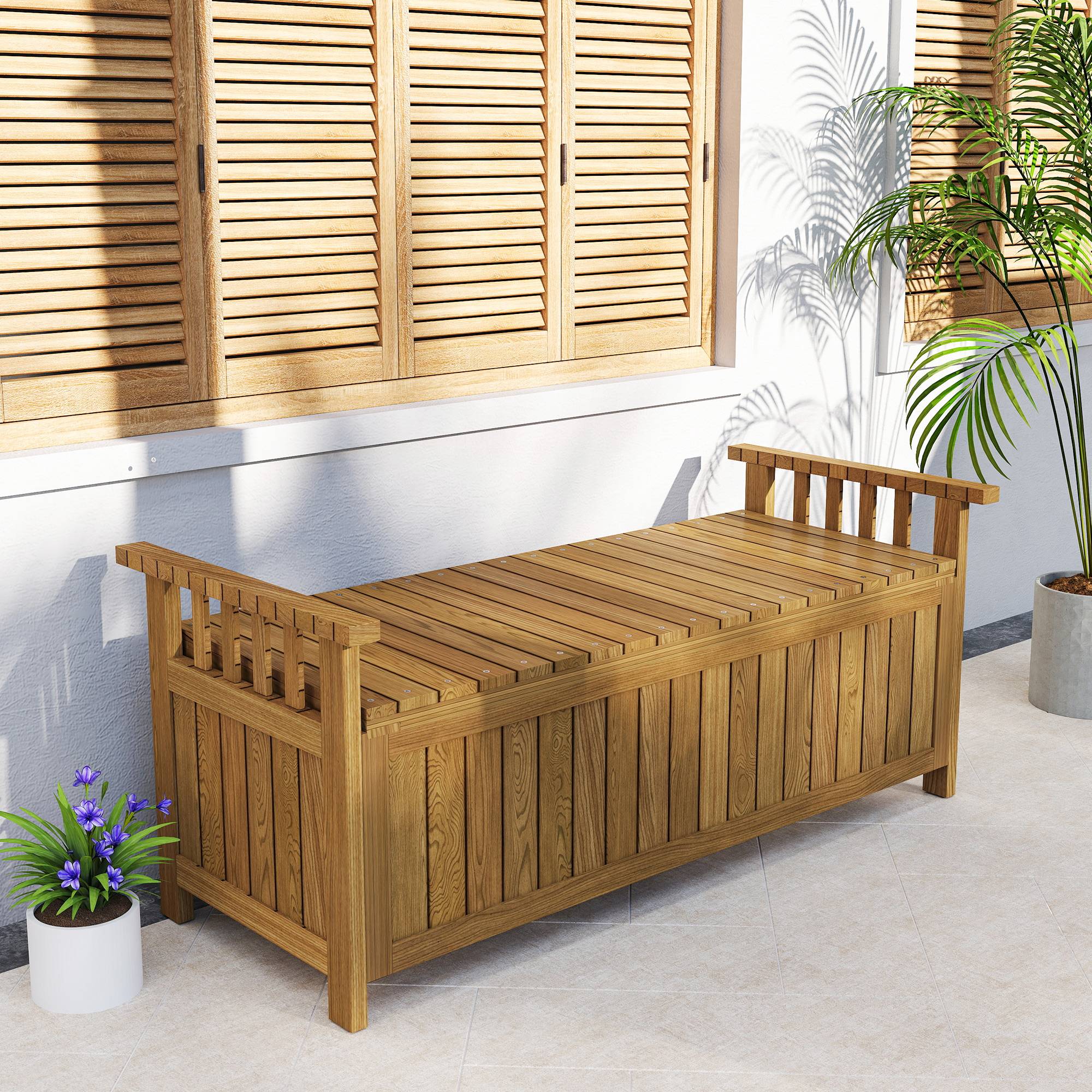 Sans Marque - Banc de jardin 2 places en bois avec rangement de 151L banc d'extérieur avec accoudoirs 128,5 x 56 x 53,5 cm marron - Image 4