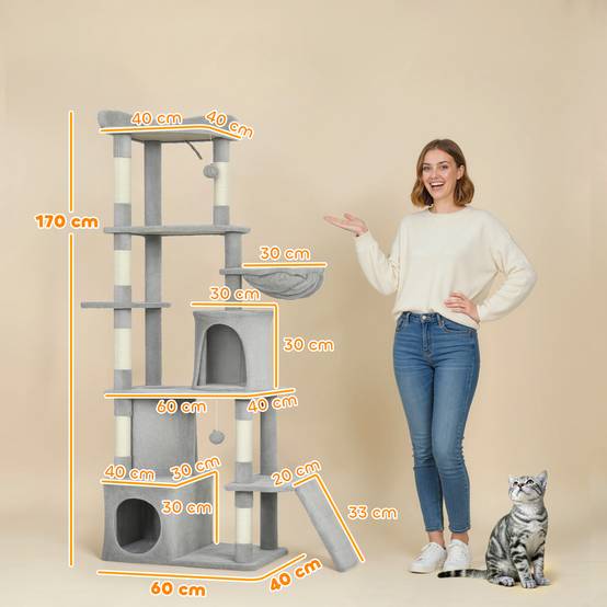 Arbre à chat géant, 170 cm de haut, avec 7 poteaux, 1 tunnel, 3 plateformes, 2 grottes et 1 hamac, gris clair - Image 5