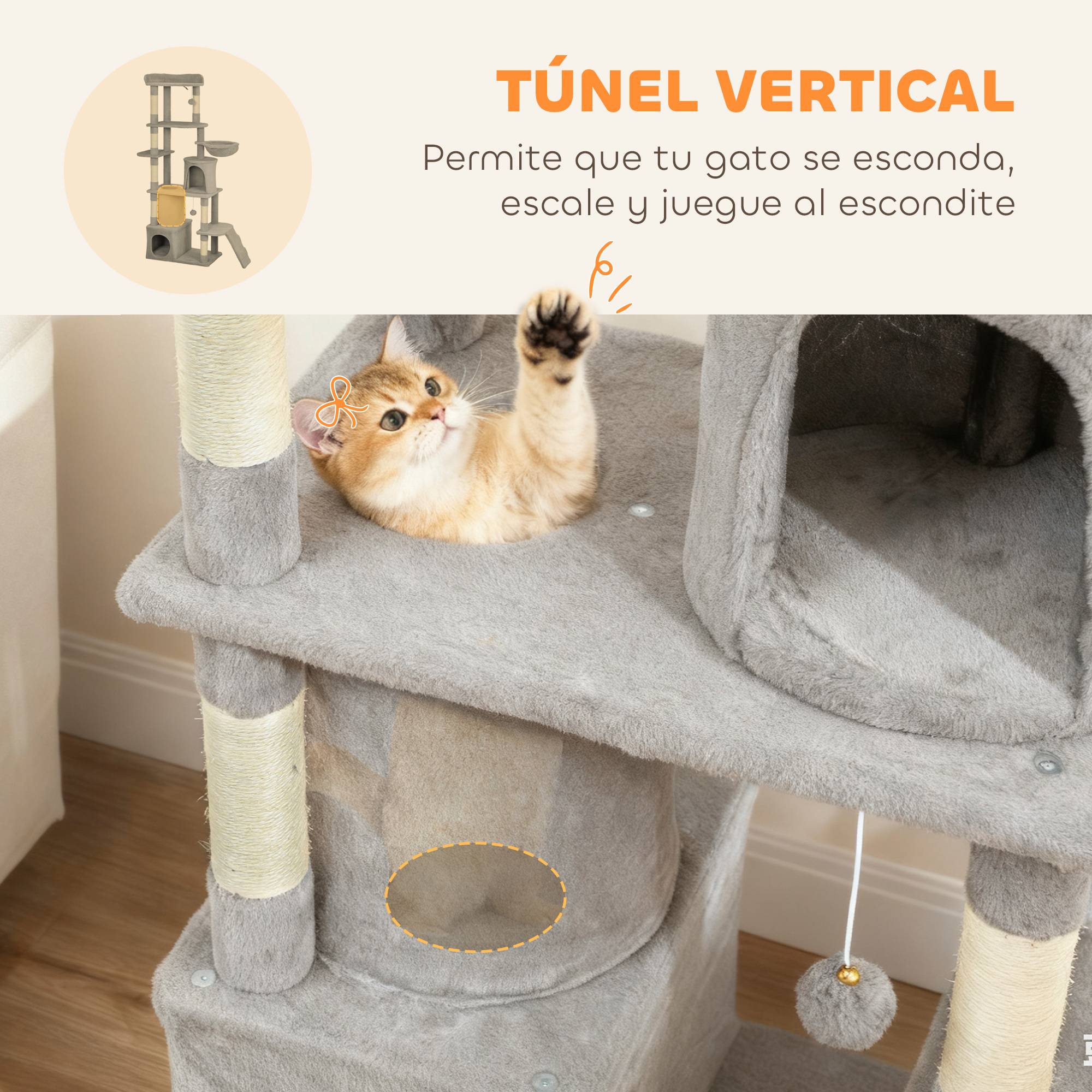 Arbre à chat géant, 170 cm de haut, avec 7 poteaux, 1 tunnel, 3 plateformes, 2 grottes et 1 hamac, gris clair - Image 8