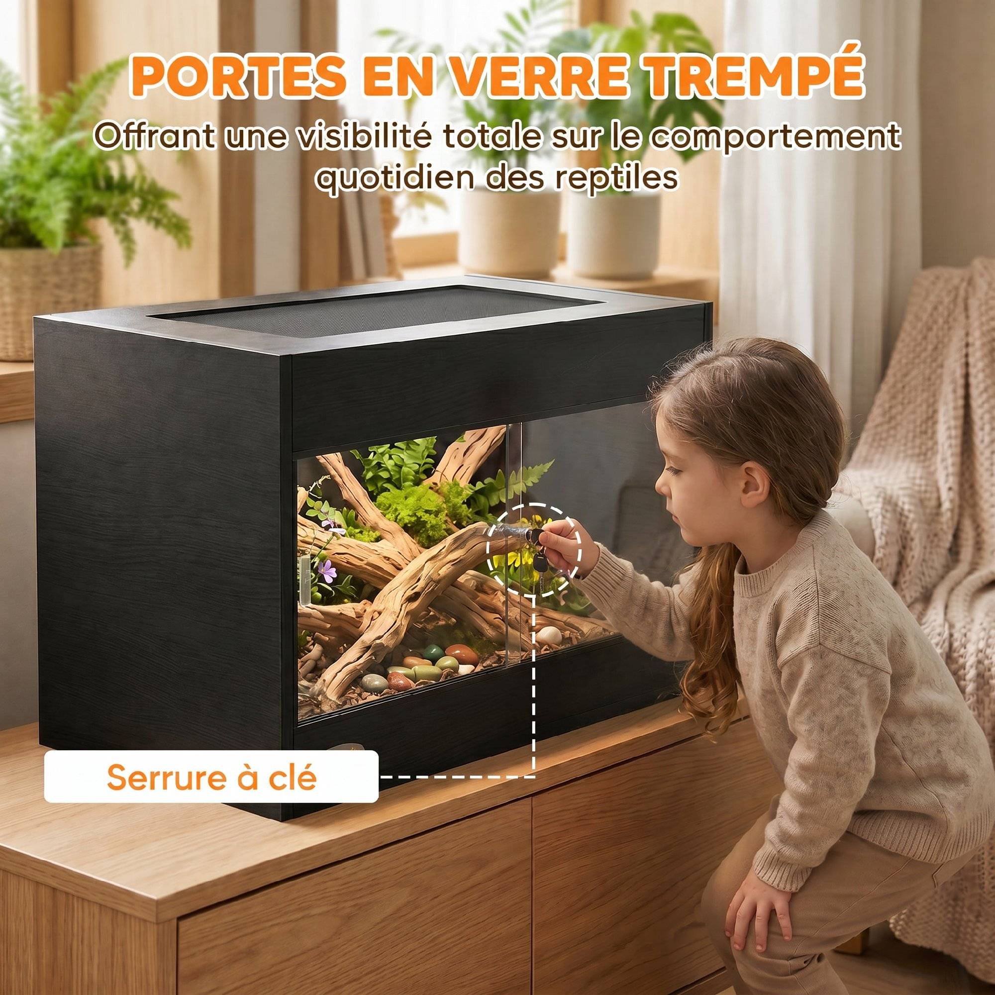 ComfortXL - Terrarium pour reptiles en bois OSB mélaminé 60 x 45 x 45 cm noir avec portes vitrées et serrure à clé - Image 5