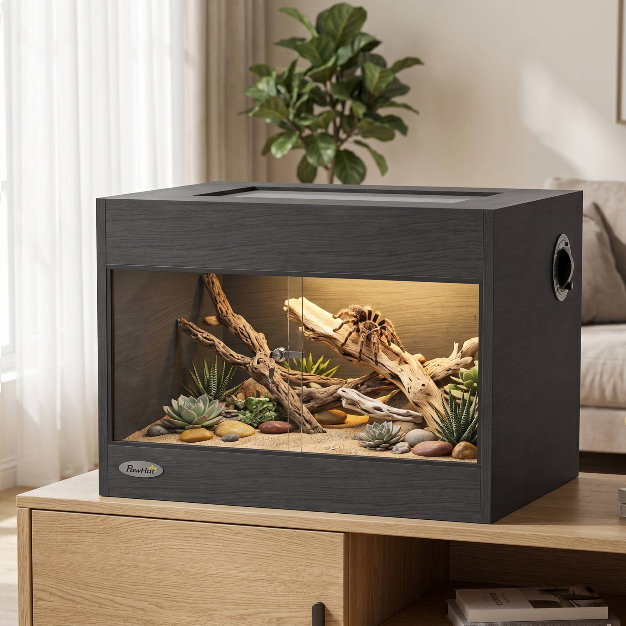 ComfortXL - Terrarium pour reptiles en bois OSB mélaminé 60 x 45 x 45 cm noir avec portes vitrées et serrure à clé - Image 1