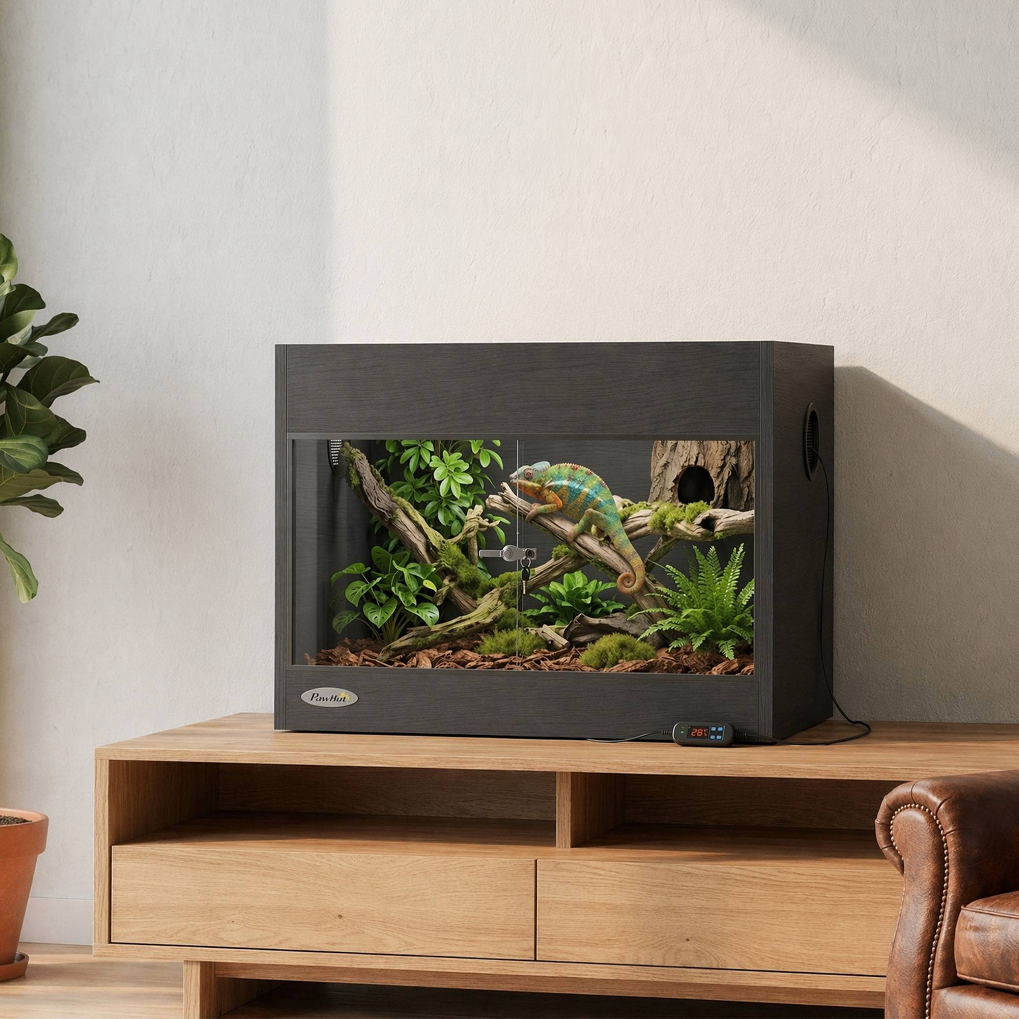 ComfortXL - Terrarium pour reptiles en bois OSB mélaminé 60 x 45 x 45 cm noir avec portes vitrées et serrure à clé - Image 9