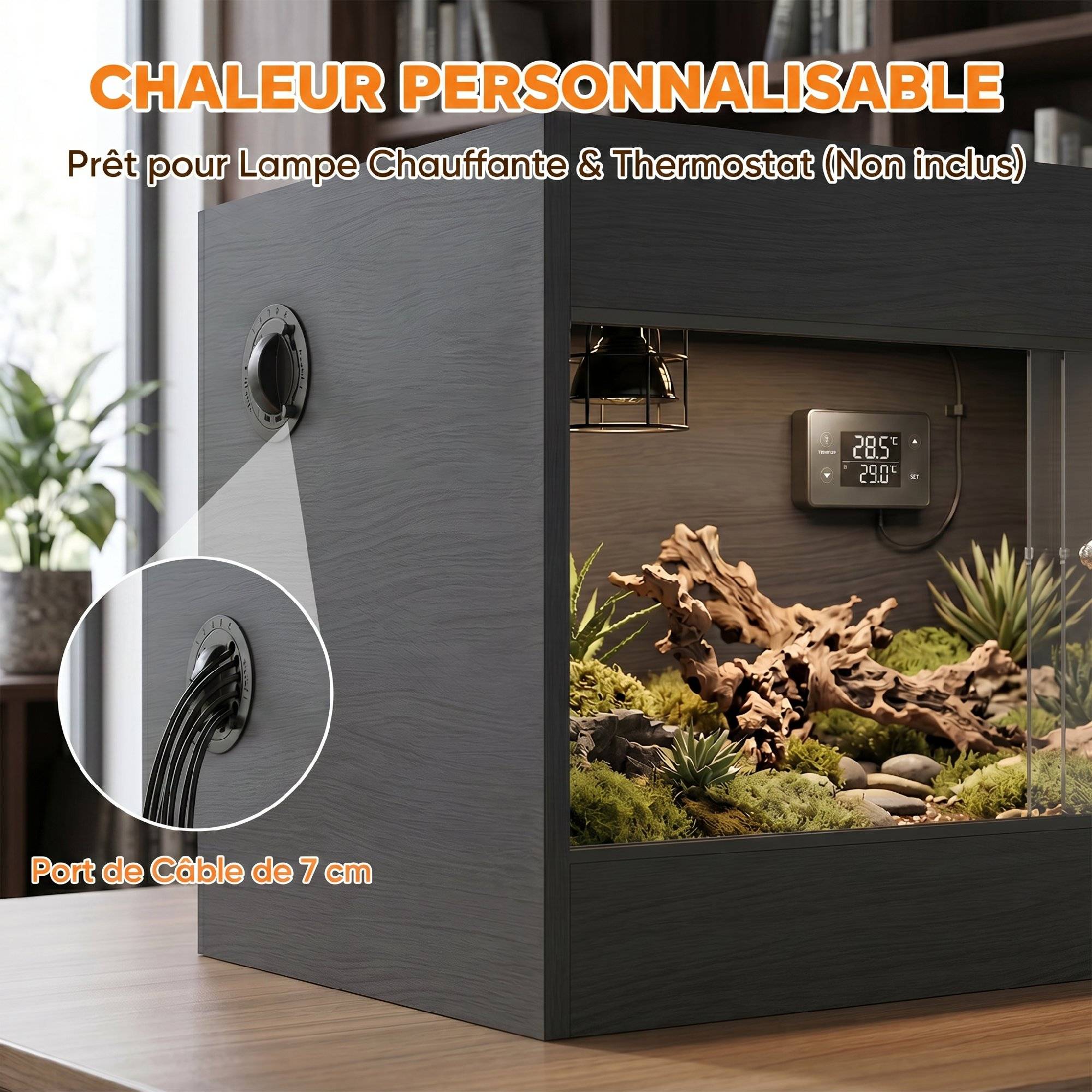 ComfortXL - Terrarium pour reptiles en bois OSB mélaminé 60 x 45 x 45 cm noir avec portes vitrées et serrure à clé - Image 6
