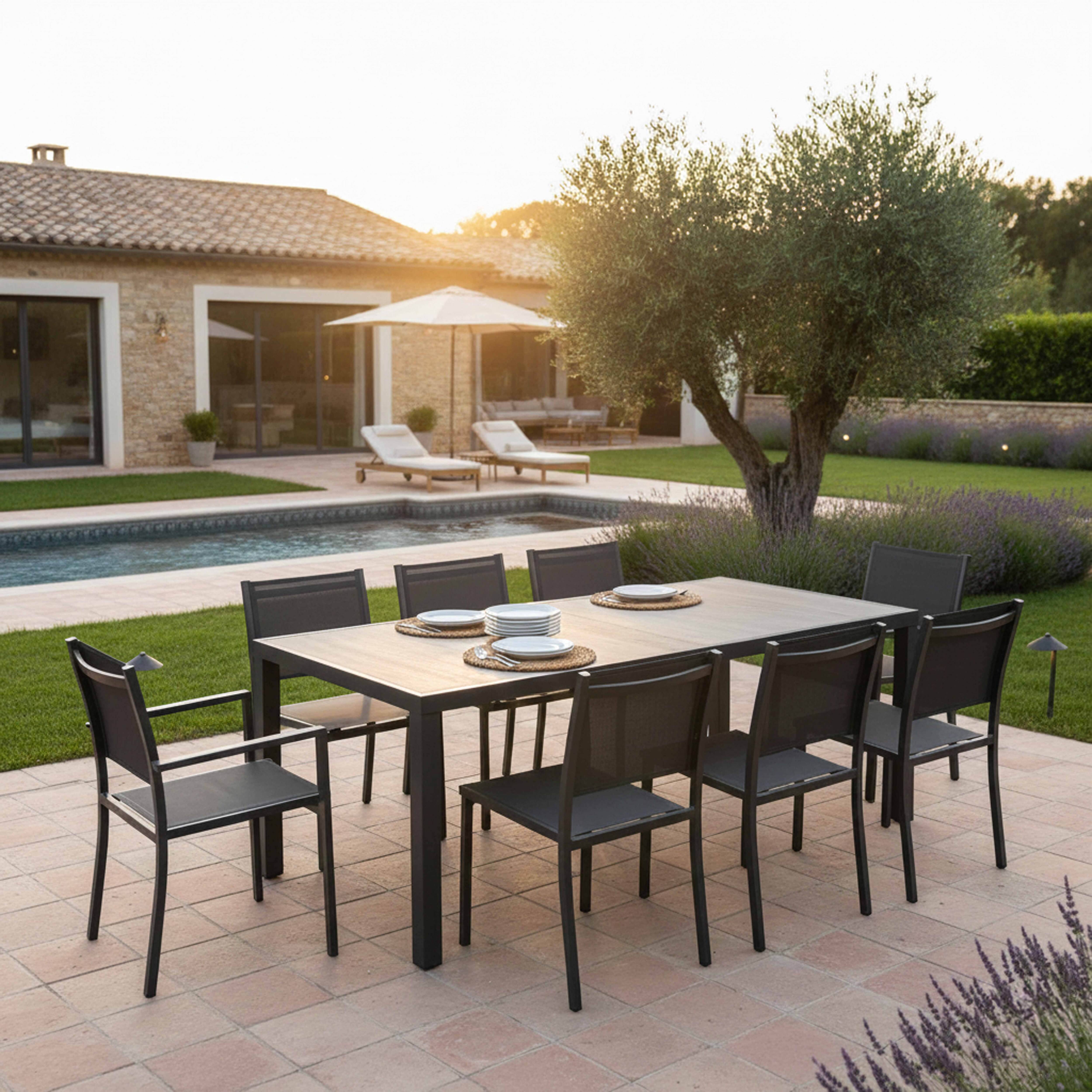 Oviala - Ensemble table de jardin et 8 fauteuils effet bois grisé Tivoli - Oviala - Image 2
