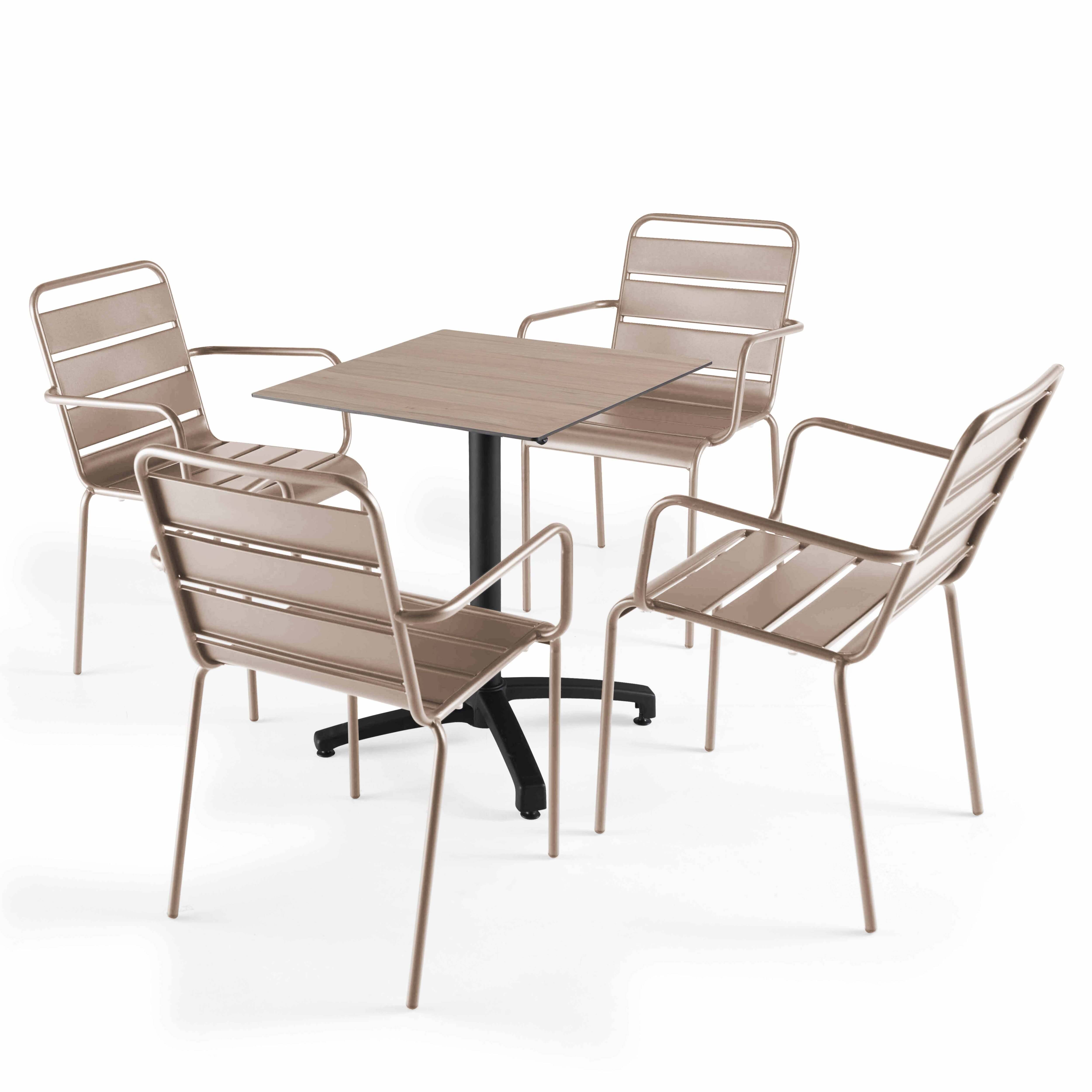 Oviala - Ensemble table 60 cm chêne clair et 4 fauteuils en métal taupe - Oviala - Image 1