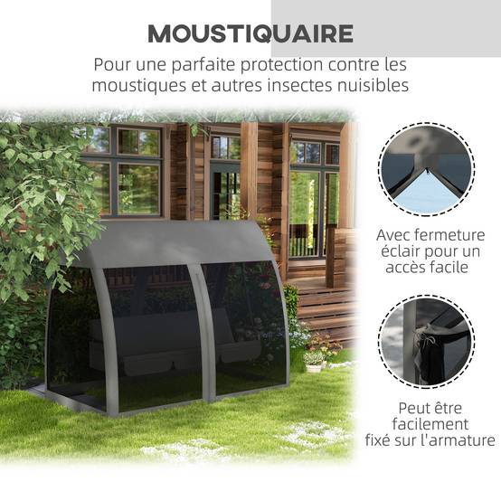 Outsunny - Balancelle de jardin convertible 3 places avec auvent, coussins, filet zippé et poche gris - Outsunny - Image 6
