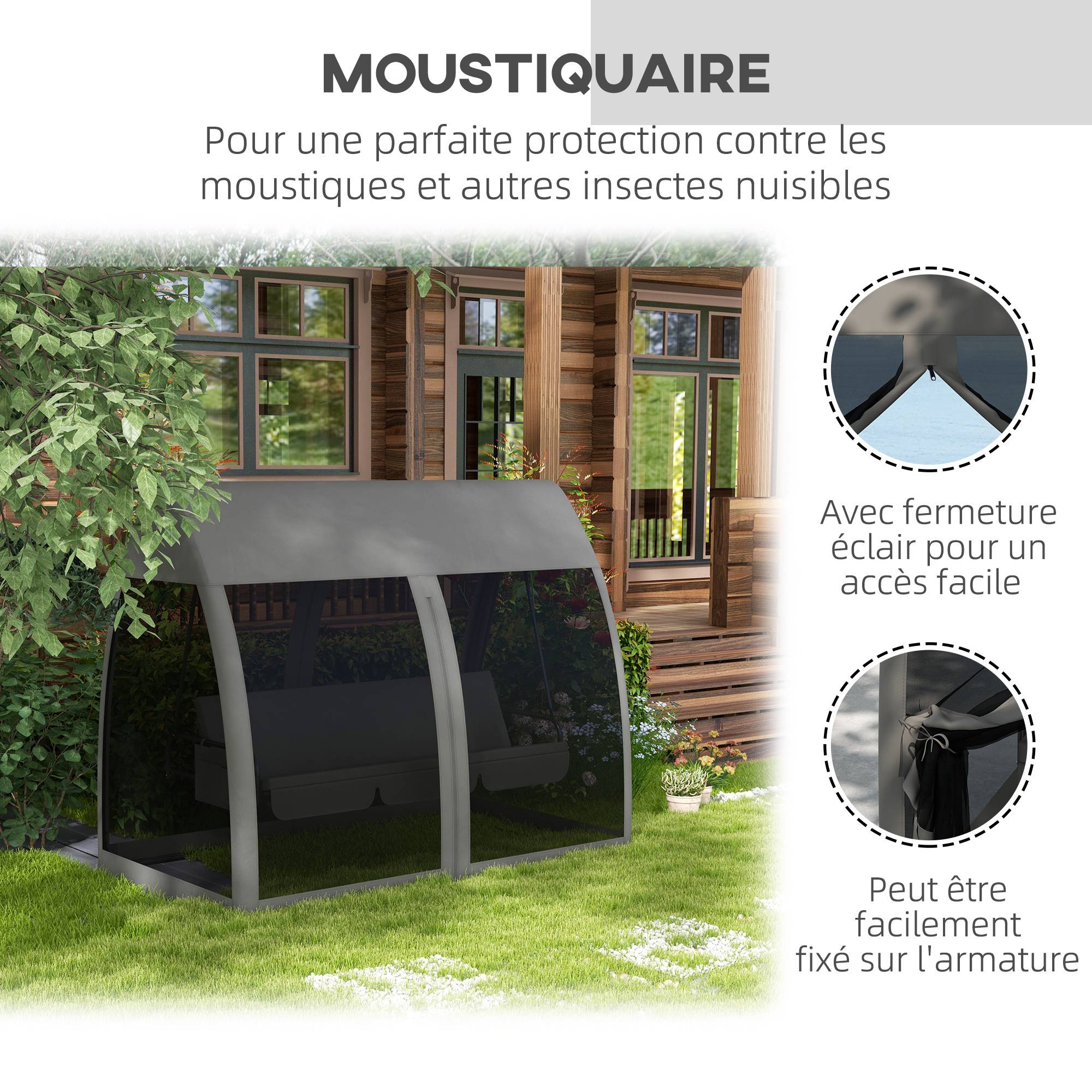 Outsunny - Balancelle de jardin convertible 3 places avec auvent, coussins, filet zippé et poche gris - Outsunny - Image 6