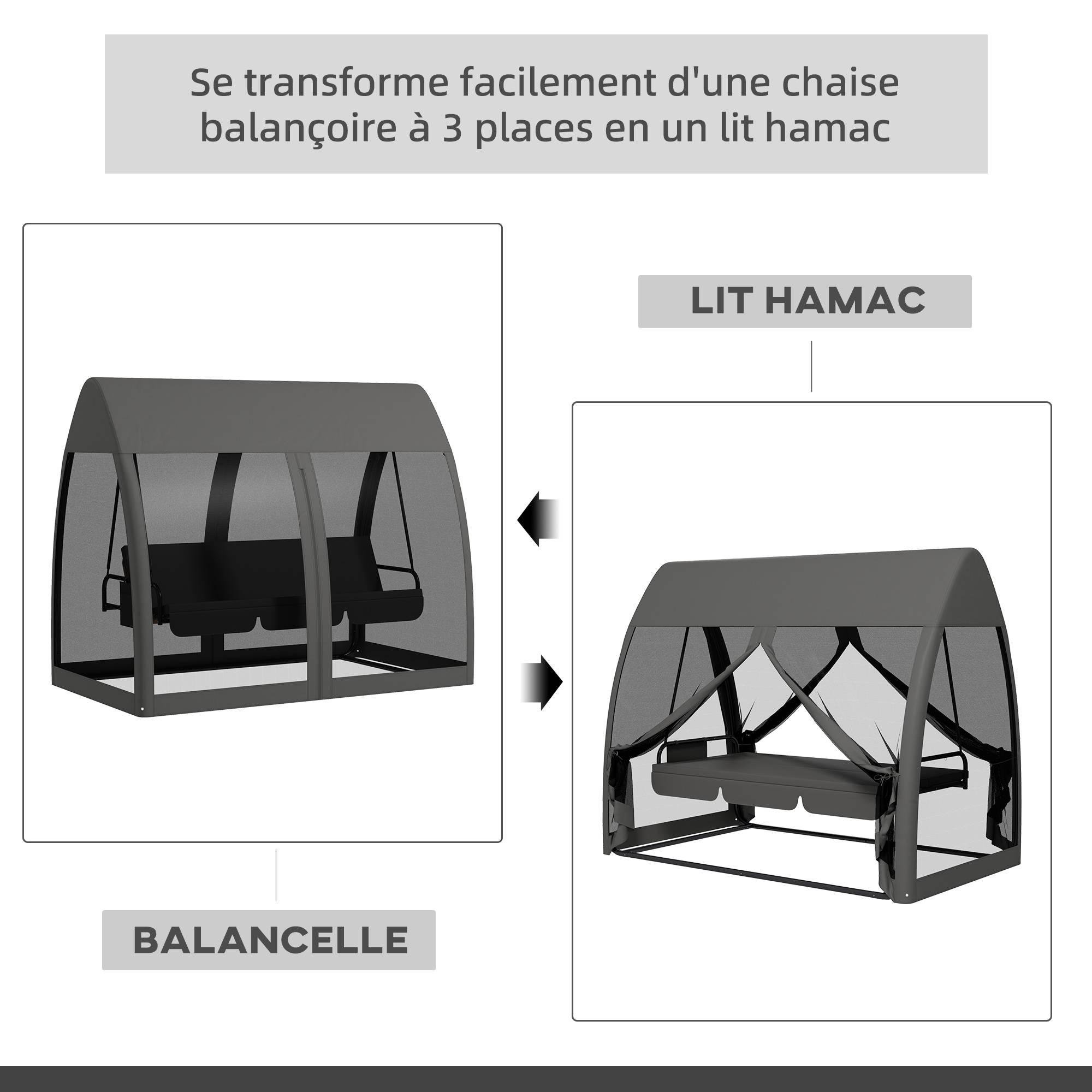 Outsunny - Balancelle de jardin convertible 3 places avec auvent, coussins, filet zippé et poche gris - Outsunny - Image 5