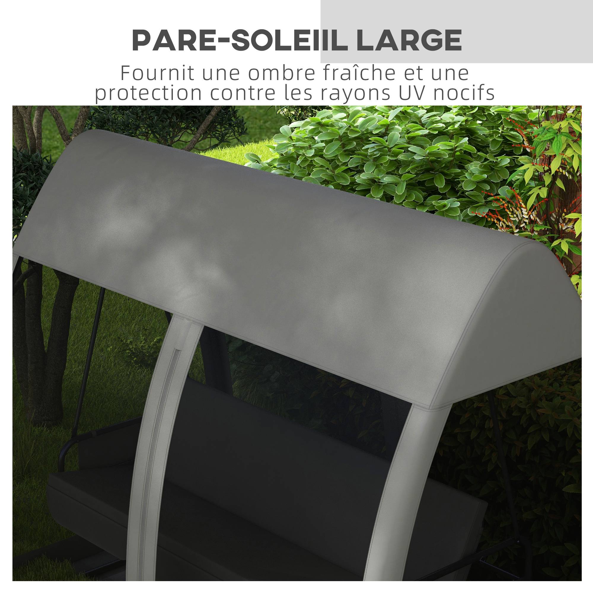 Outsunny - Balancelle de jardin convertible 3 places avec auvent, coussins, filet zippé et poche gris - Outsunny - Image 7