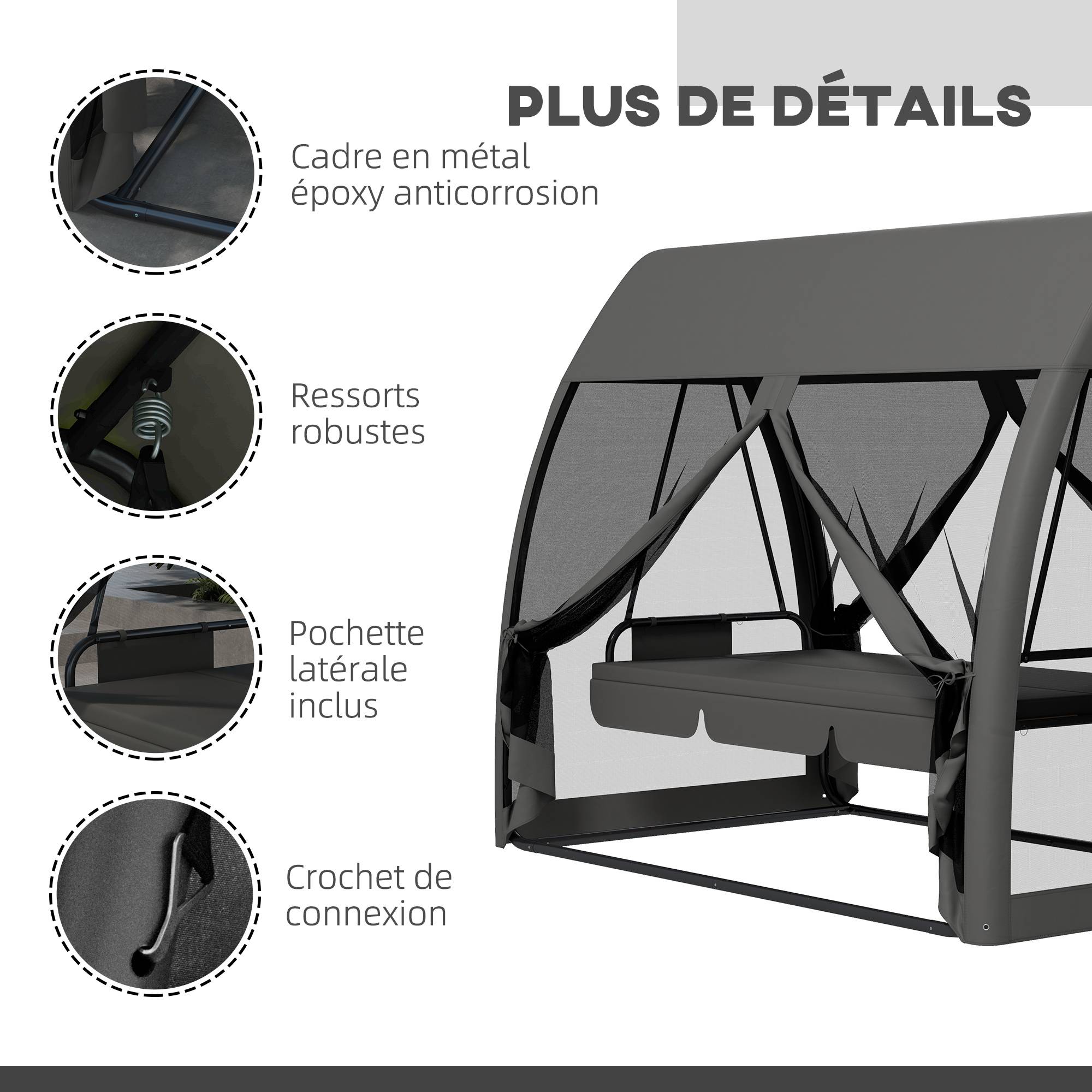 Outsunny - Balancelle de jardin convertible 3 places avec auvent, coussins, filet zippé et poche gris - Outsunny - Image 8