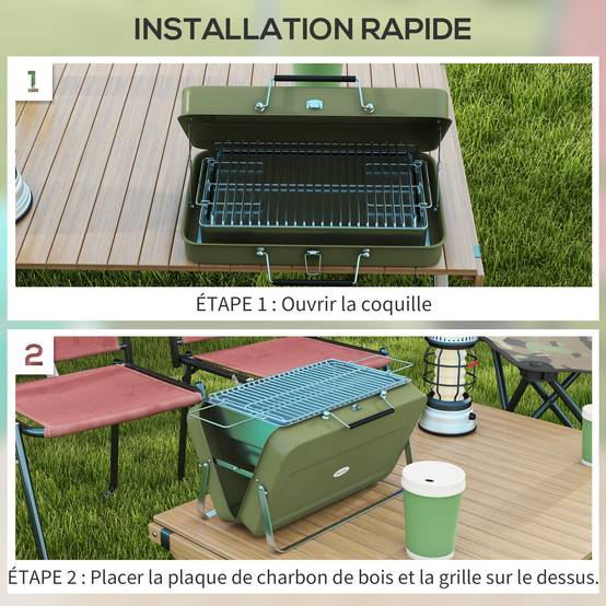 Mini barbecue à charbon BBQ portable avec coque de valise barbecue de table pliable pour jardin 47 x 30 x 28 cm vert - Image 7