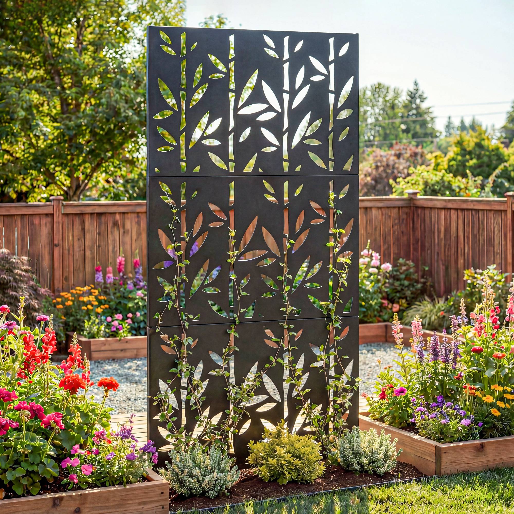 Panneau Brise Vue décoratif Extérieur Claustra Décoratif Jardin 3 Panneaux à motif Bambou métal 92x40x192cm Noir - Image 3