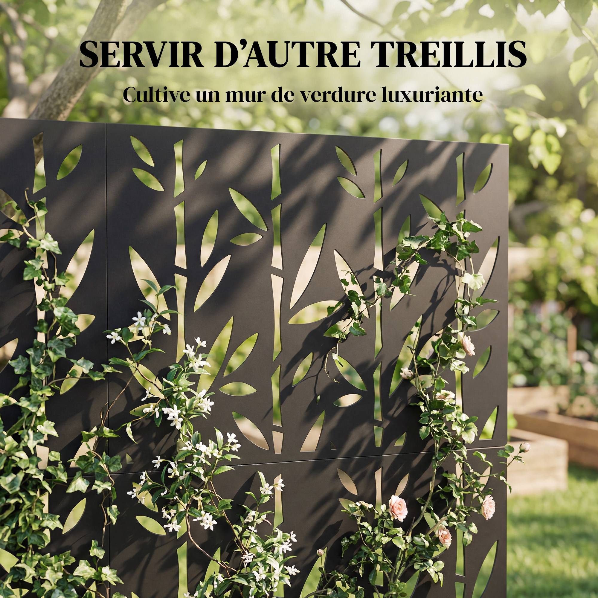Panneau Brise Vue décoratif Extérieur Claustra Décoratif Jardin 3 Panneaux à motif Bambou métal 92x40x192cm Noir - Image 7
