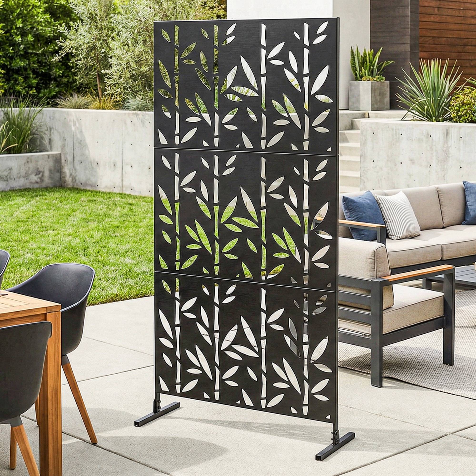 Panneau Brise Vue décoratif Extérieur Claustra Décoratif Jardin 3 Panneaux à motif Bambou métal 92x40x192cm Noir - Image 4