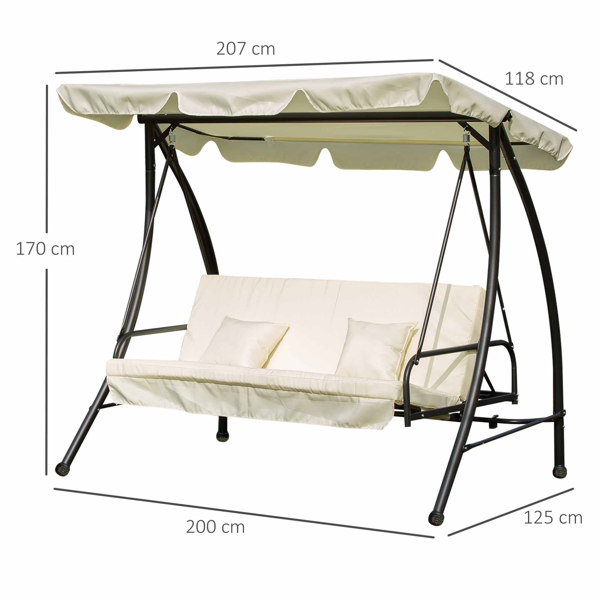 Outsunny - Balancelle de jardin convertible 3 places grand confort inclinaison toit réglable matelas et coussins fournis métal polyester noir et crème - Outsunny - Image 3