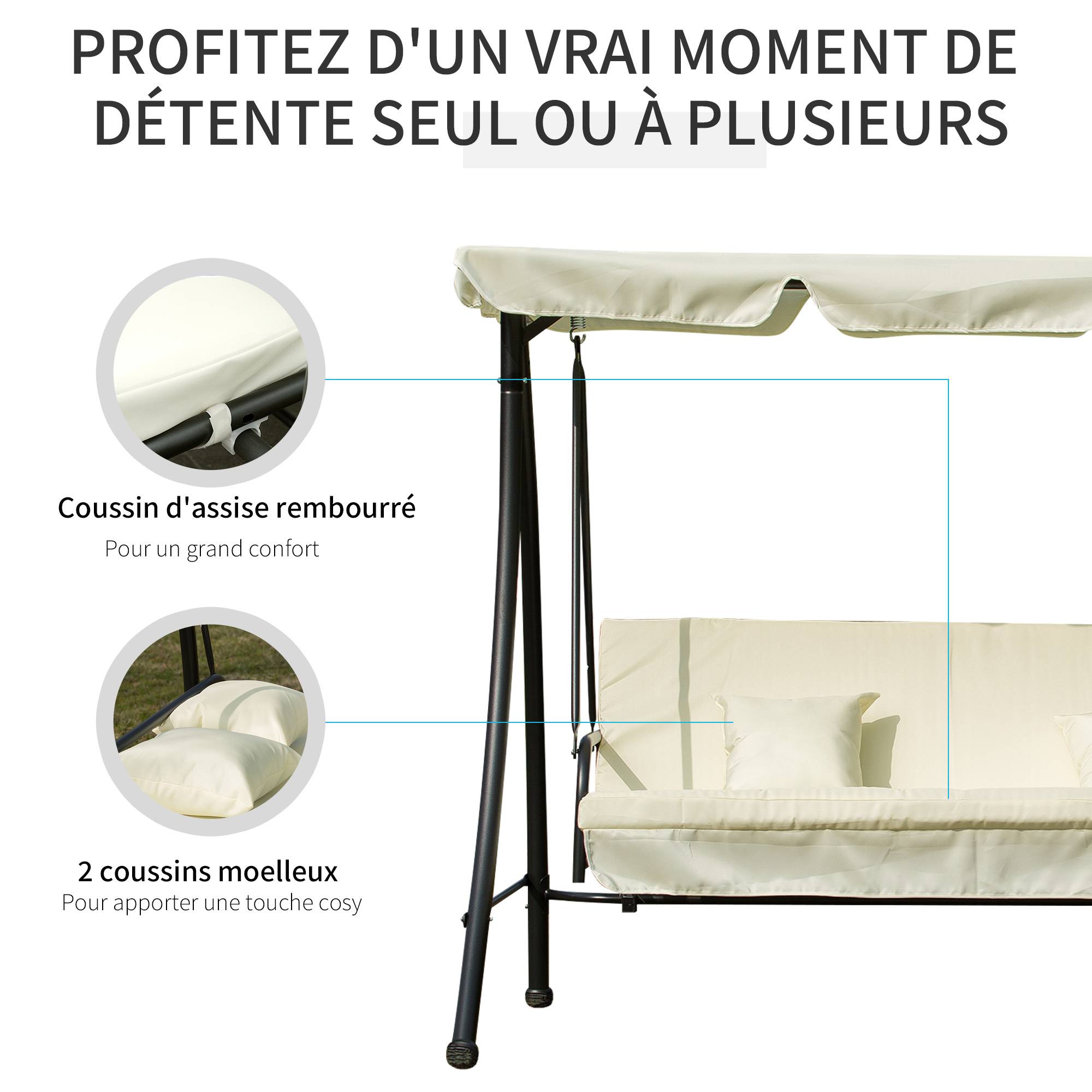 Outsunny - Balancelle de jardin convertible 3 places grand confort inclinaison toit réglable matelas et coussins fournis métal polyester noir et crème - Outsunny - Image 6