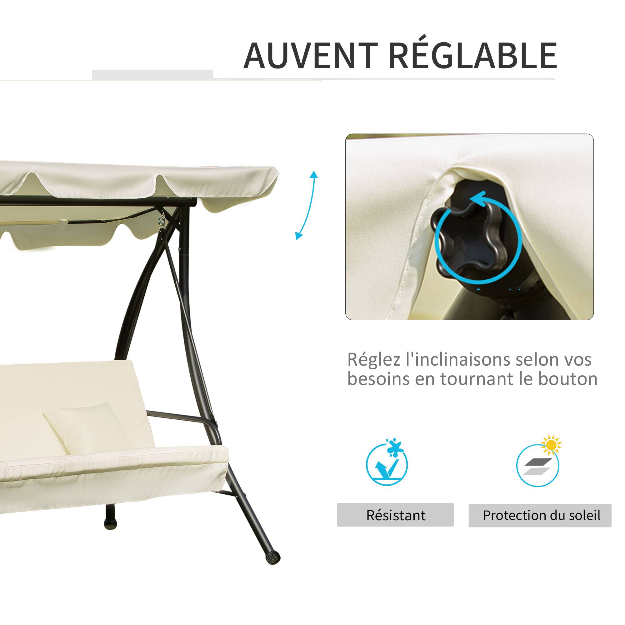 Outsunny - Balancelle de jardin convertible 3 places grand confort inclinaison toit réglable matelas et coussins fournis métal polyester noir et crème - Outsunny - Image 5
