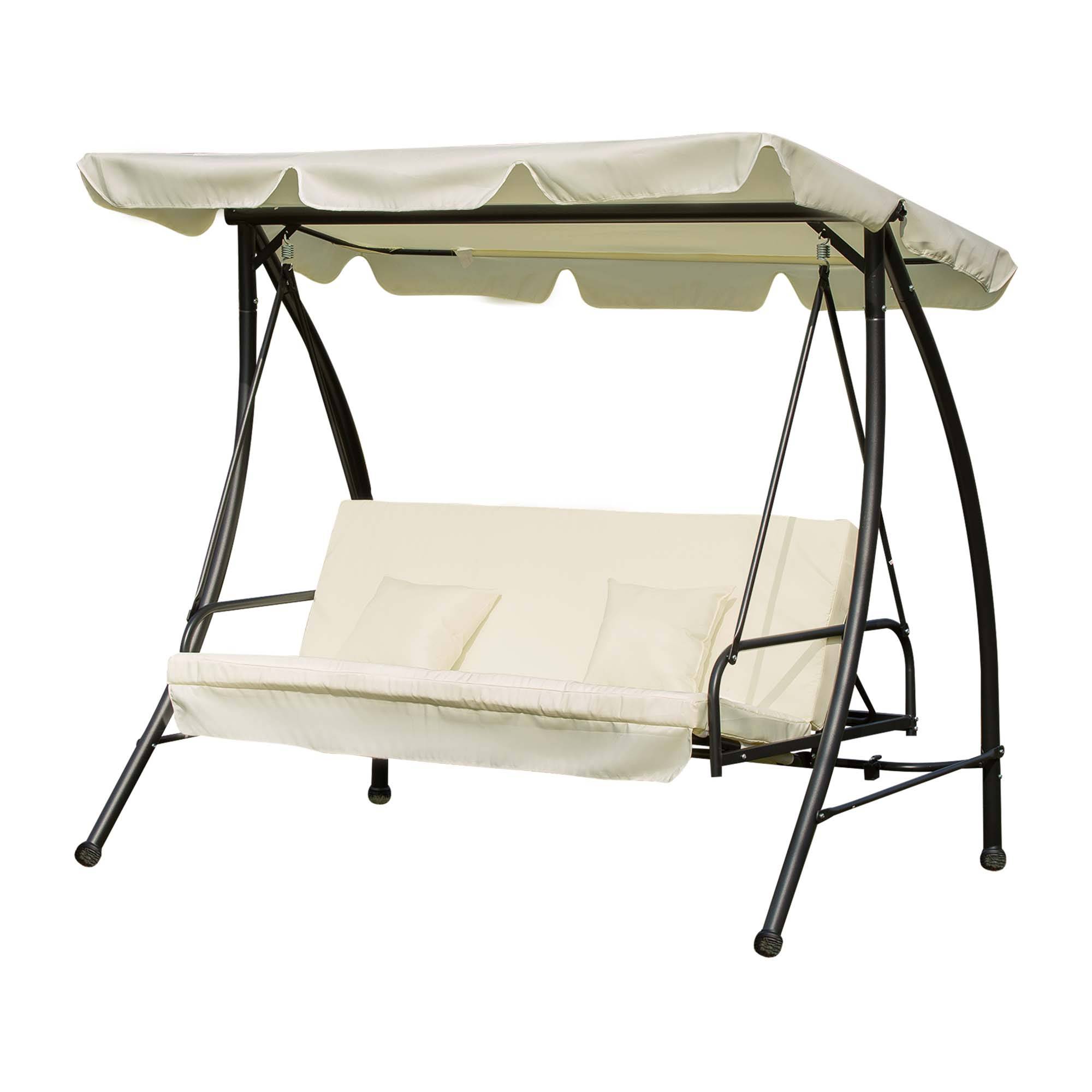 Outsunny - Balancelle de jardin convertible 3 places grand confort inclinaison toit réglable matelas et coussins fournis métal polyester noir et crème - Outsunny - Image 1