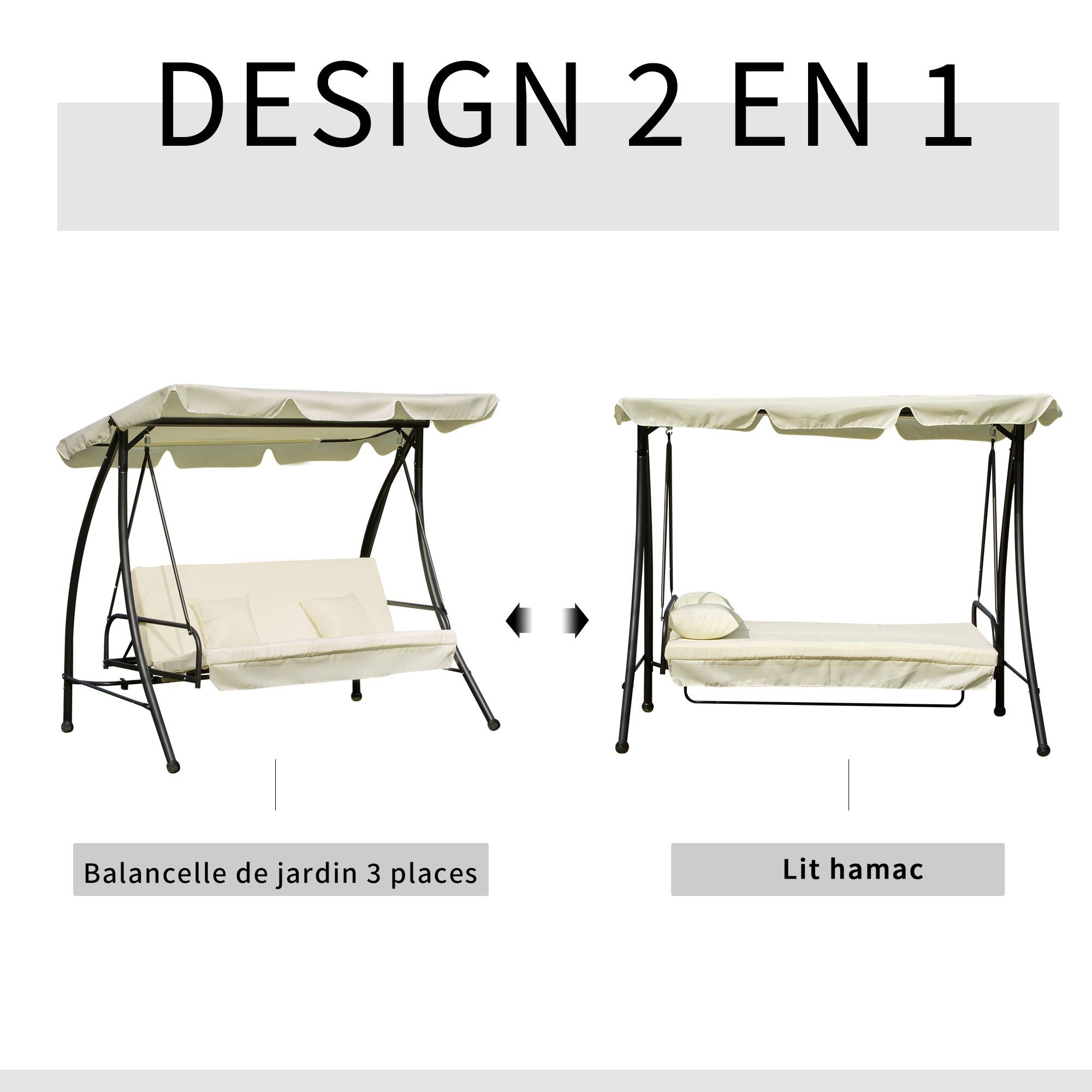 Outsunny - Balancelle de jardin convertible 3 places grand confort inclinaison toit réglable matelas et coussins fournis métal polyester noir et crème - Outsunny - Image 4