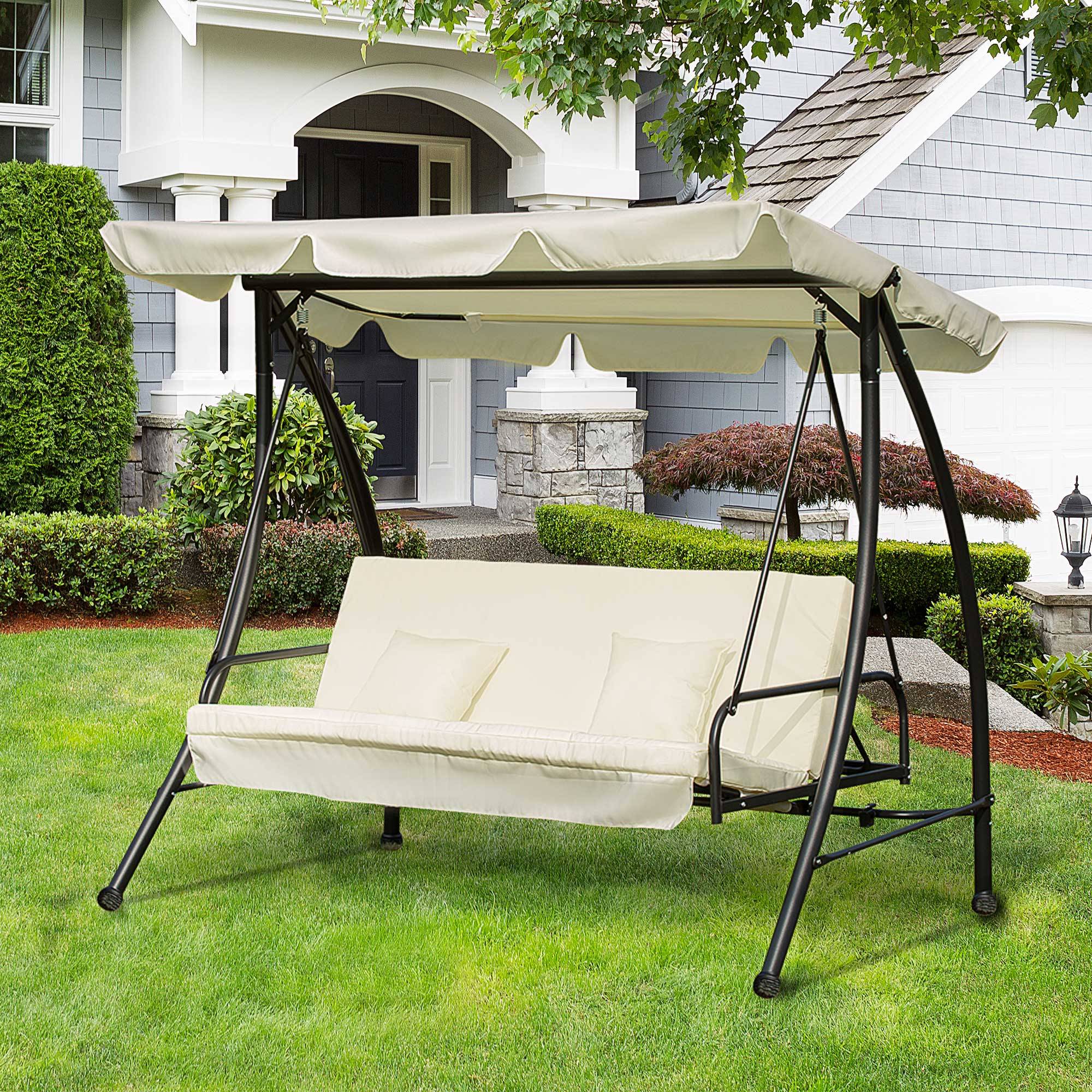 Outsunny - Balancelle de jardin convertible 3 places grand confort inclinaison toit réglable matelas et coussins fournis métal polyester noir et crème - Outsunny - Image 2