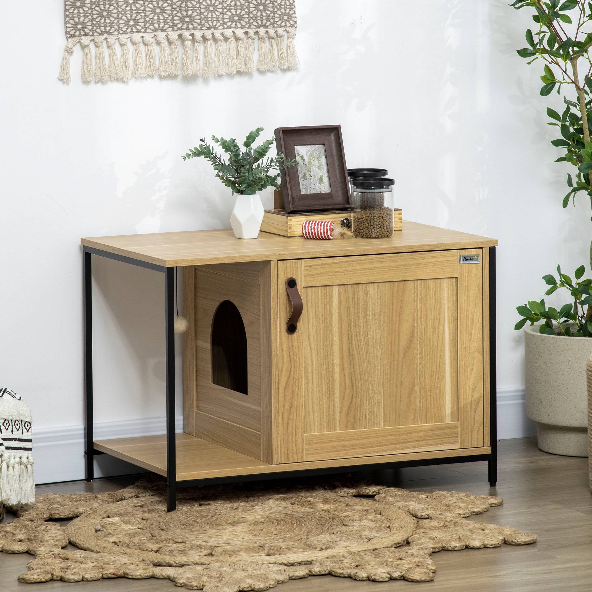 Sans Marque - Maison de toilette pour chat style industriel porte entrée latérale boule suspendue châssis acier aspect bois clair - Image 3