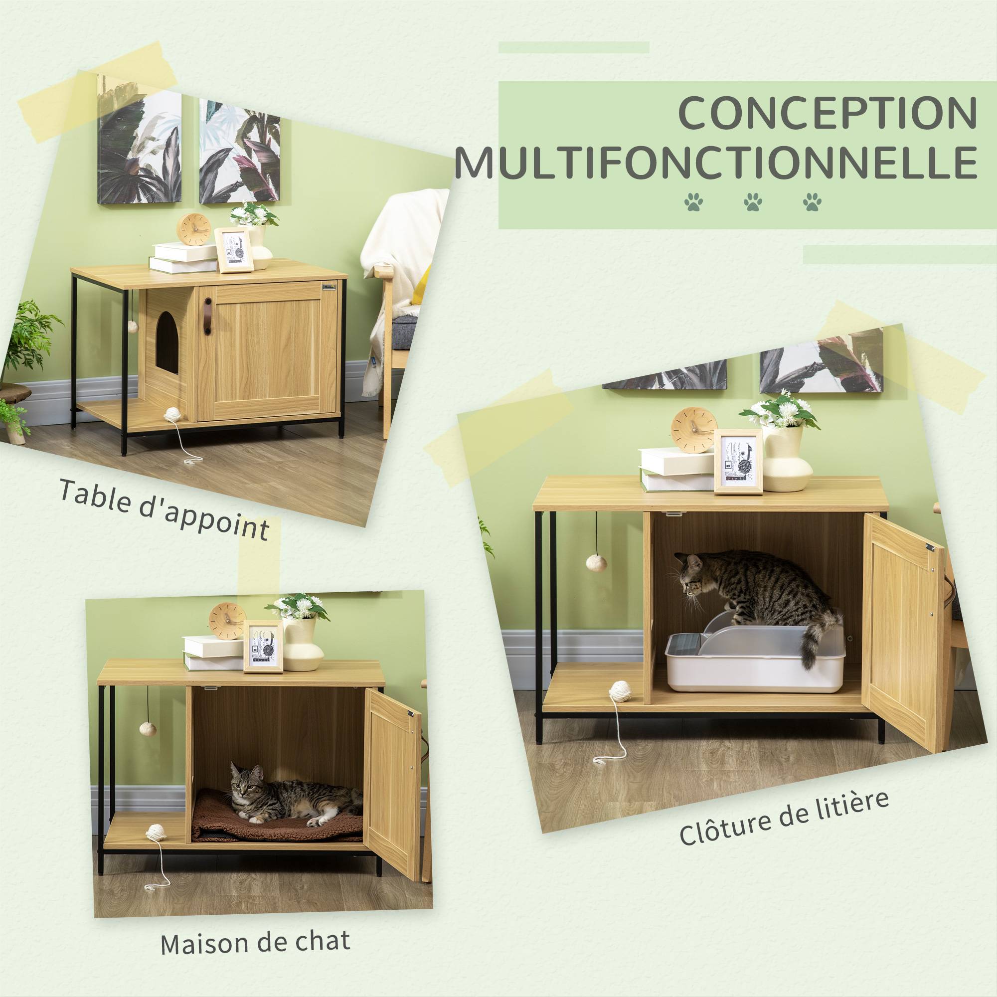 Sans Marque - Maison de toilette pour chat style industriel porte entrée latérale boule suspendue châssis acier aspect bois clair - Image 6