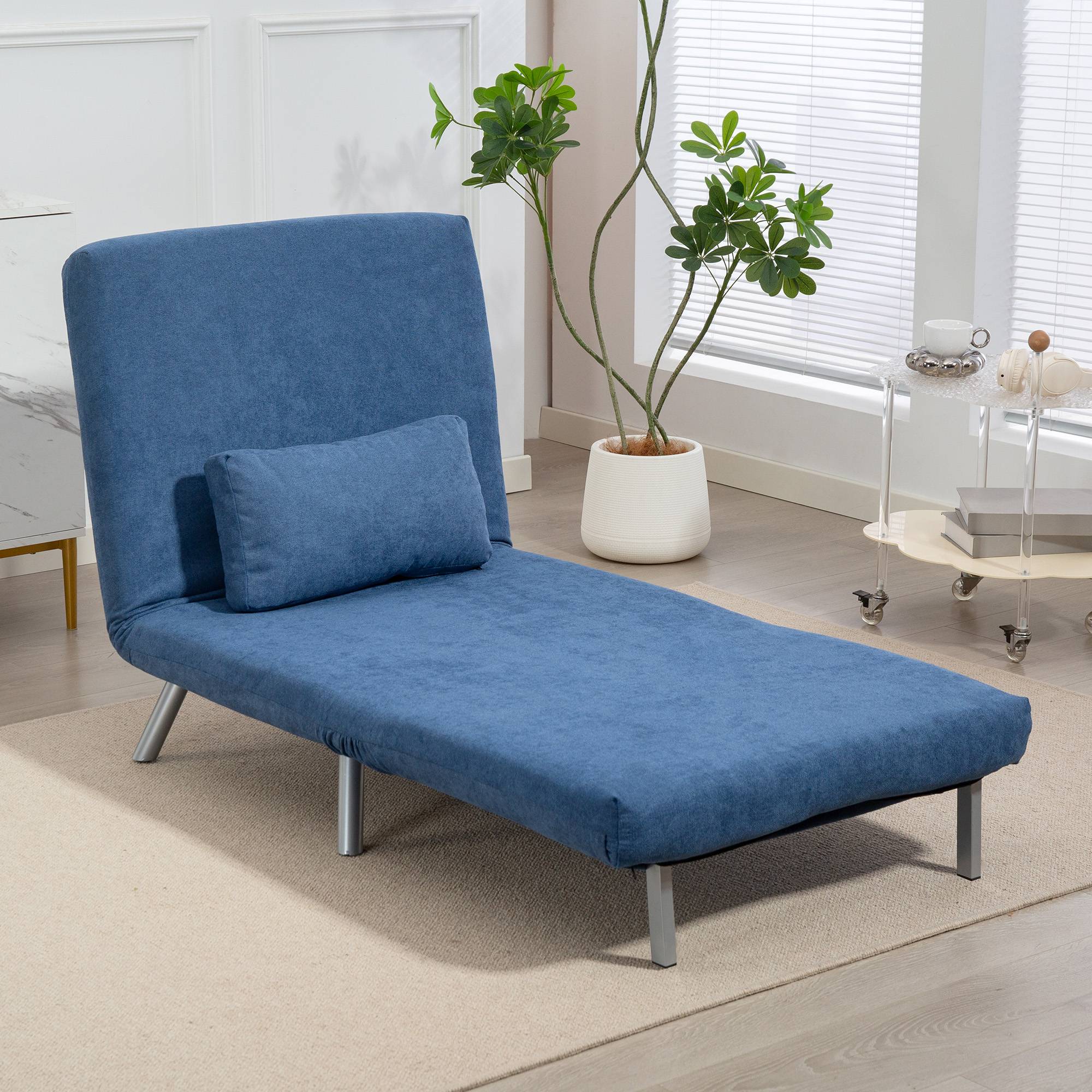 Fauteuil rembourré convertible en lit, modèle 3 en 1, fauteuil-lit, lit d'appoint, revêtement en tissu, avec coussins, bleu - Image 4
