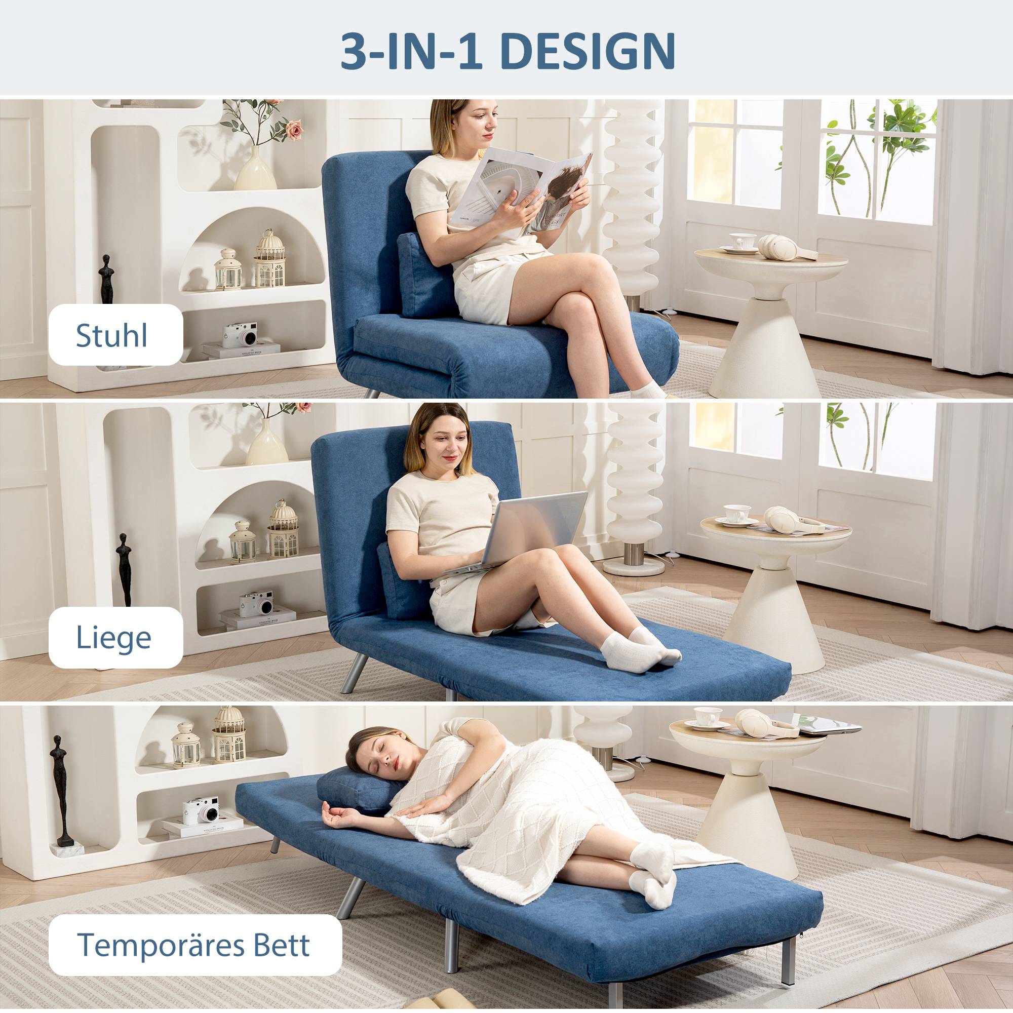 Fauteuil rembourré convertible en lit, modèle 3 en 1, fauteuil-lit, lit d'appoint, revêtement en tissu, avec coussins, bleu - Image 6