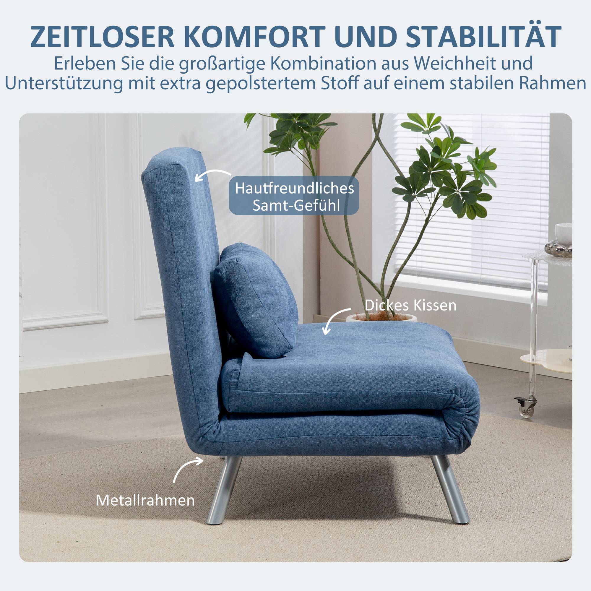 Fauteuil rembourré convertible en lit, modèle 3 en 1, fauteuil-lit, lit d'appoint, revêtement en tissu, avec coussins, bleu - Image 8