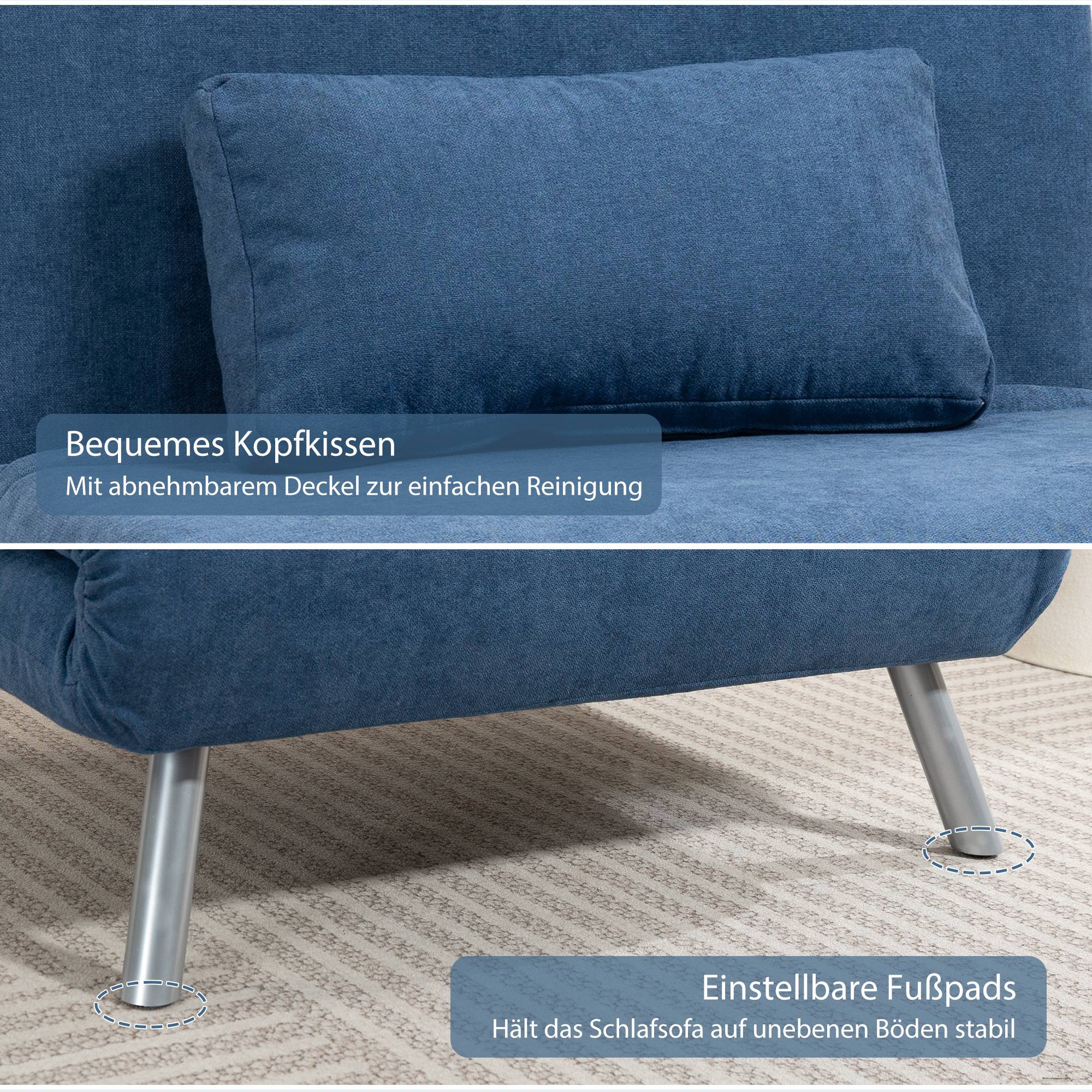 Fauteuil rembourré convertible en lit, modèle 3 en 1, fauteuil-lit, lit d'appoint, revêtement en tissu, avec coussins, bleu - Image 9