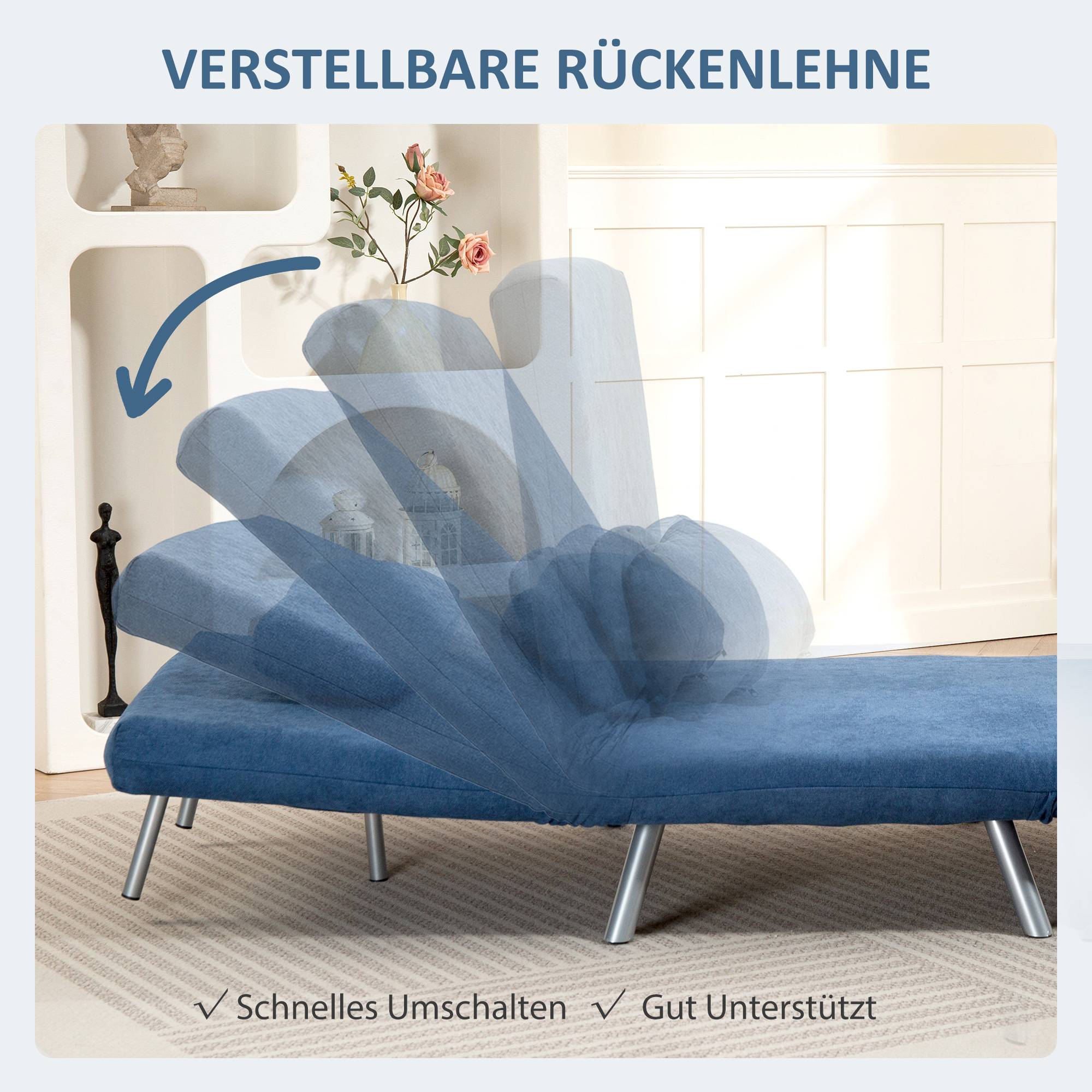 Fauteuil rembourré convertible en lit, modèle 3 en 1, fauteuil-lit, lit d'appoint, revêtement en tissu, avec coussins, bleu - Image 7