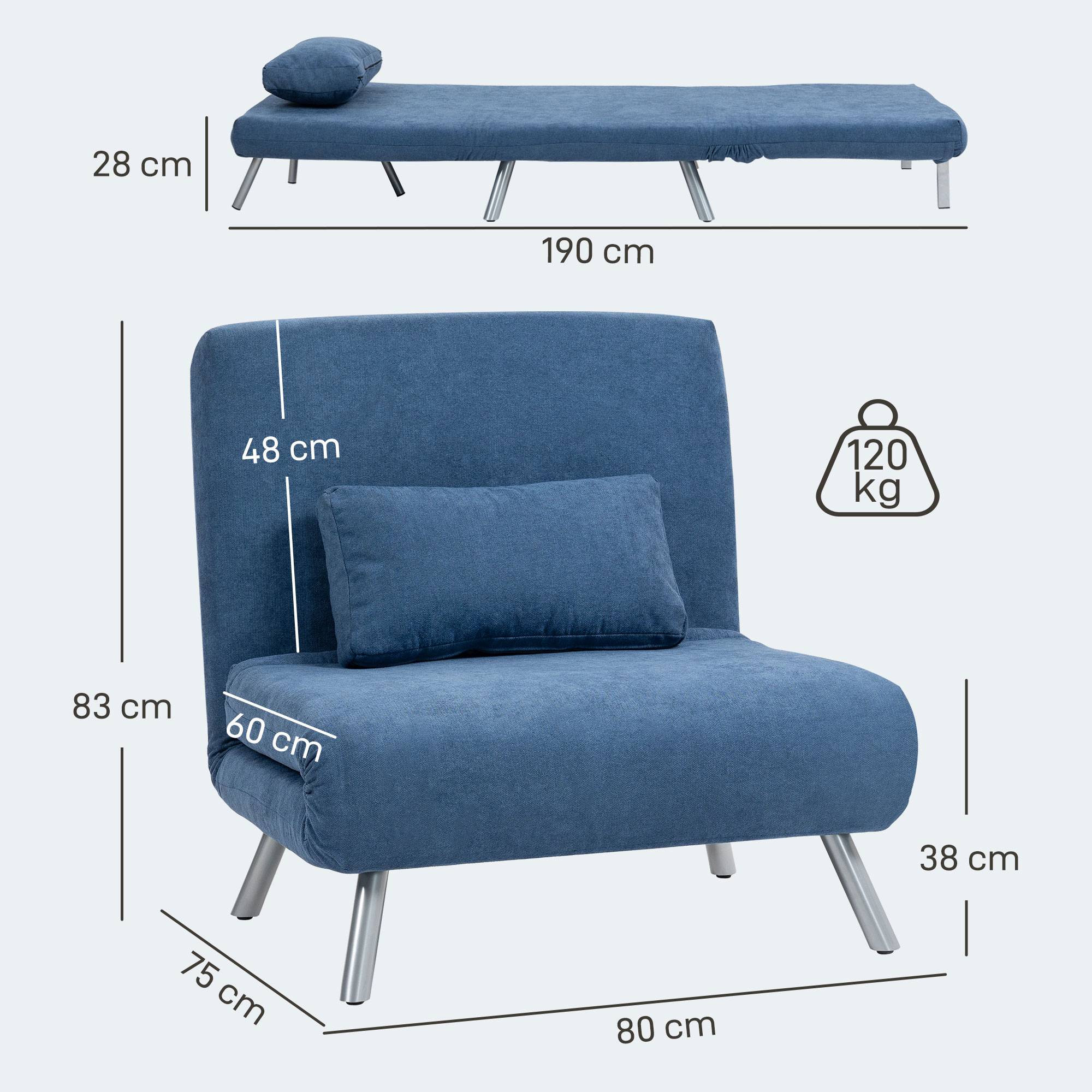 Fauteuil rembourré convertible en lit, modèle 3 en 1, fauteuil-lit, lit d'appoint, revêtement en tissu, avec coussins, bleu - Image 5