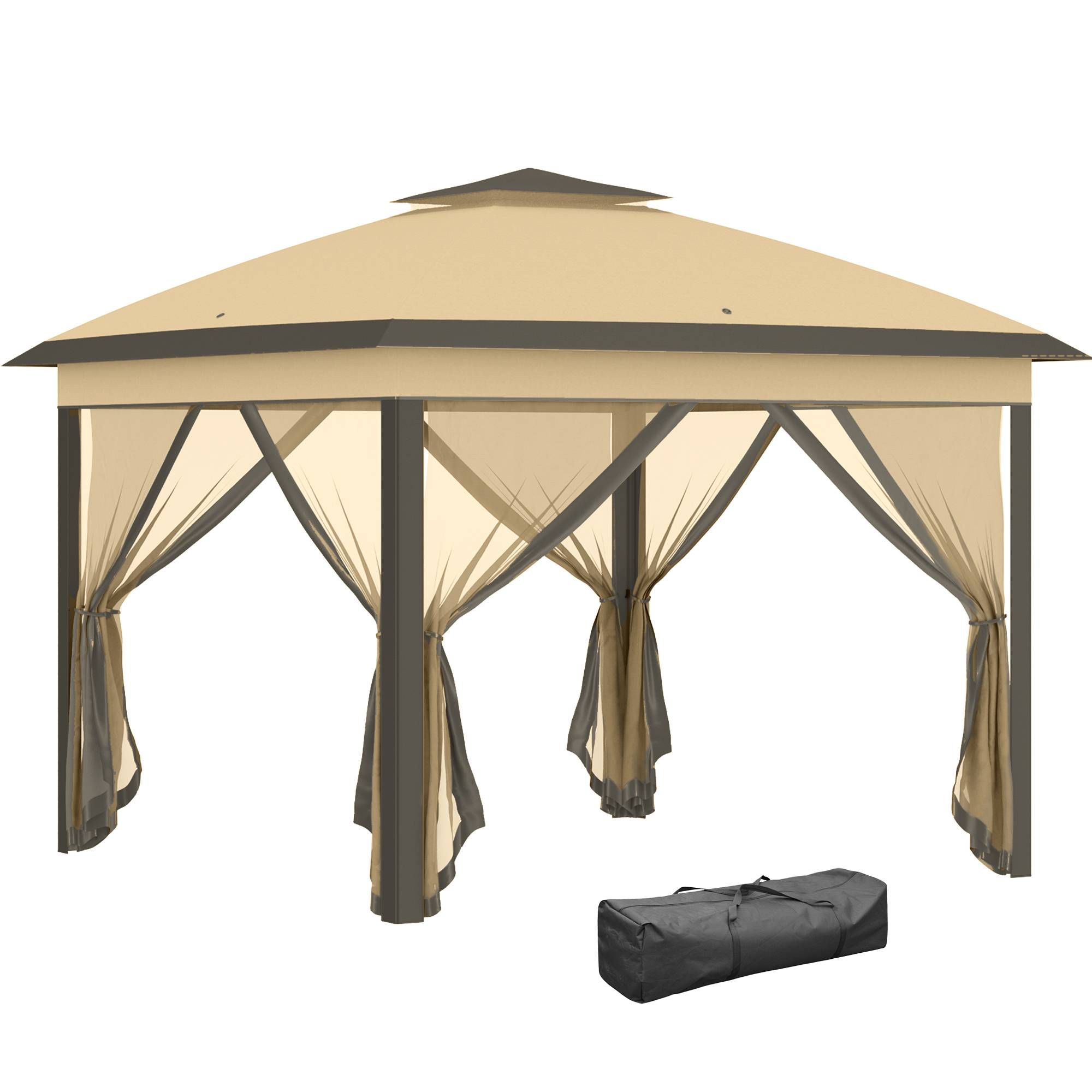 Sans Marque - Tente pliante 3,3 x 3,3 m à hauteur réglable, double toit, 4 moustiquaires amovibles et sac de transport anti-UV, beige - Image 1