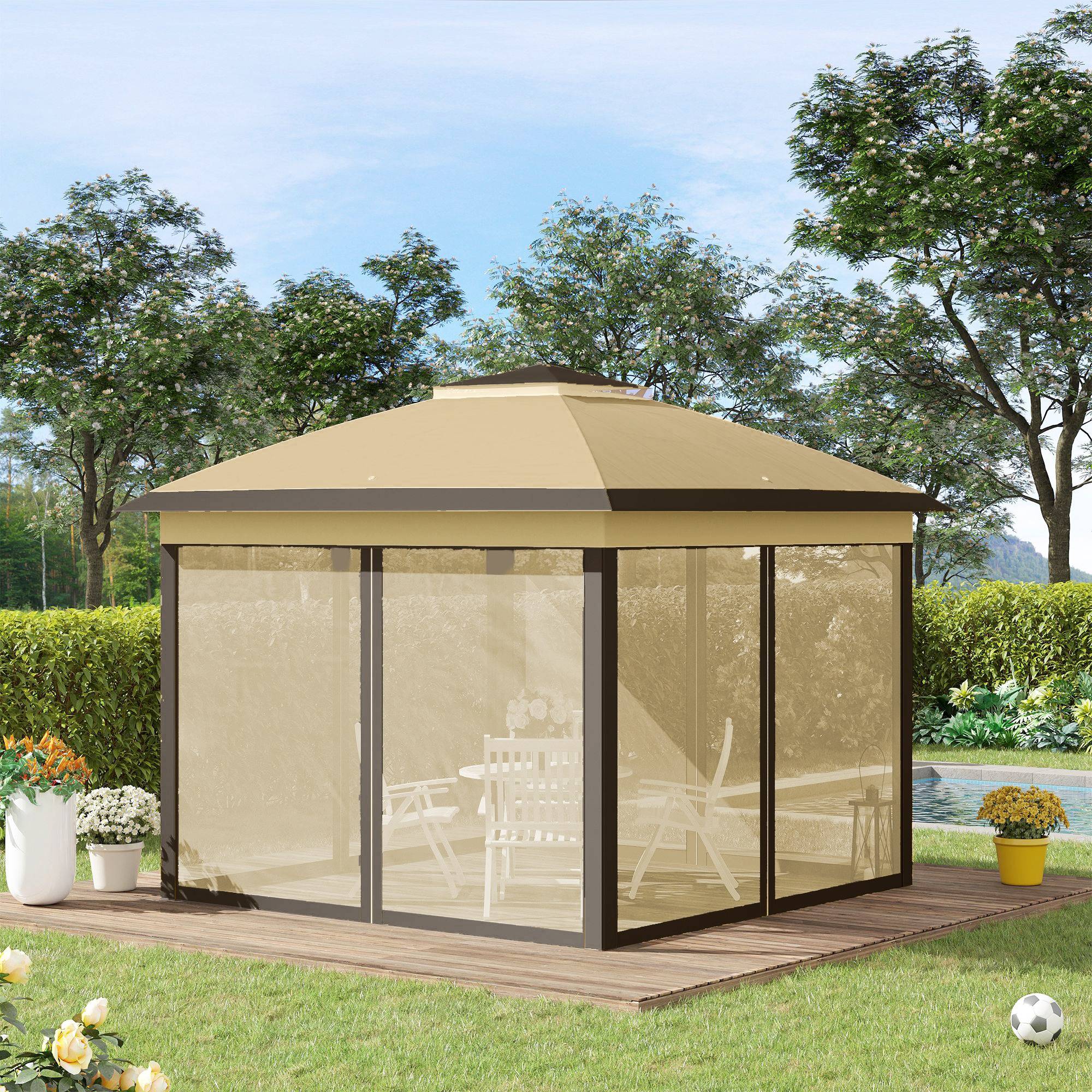 Sans Marque - Tente pliante 3,3 x 3,3 m à hauteur réglable, double toit, 4 moustiquaires amovibles et sac de transport anti-UV, beige - Image 4