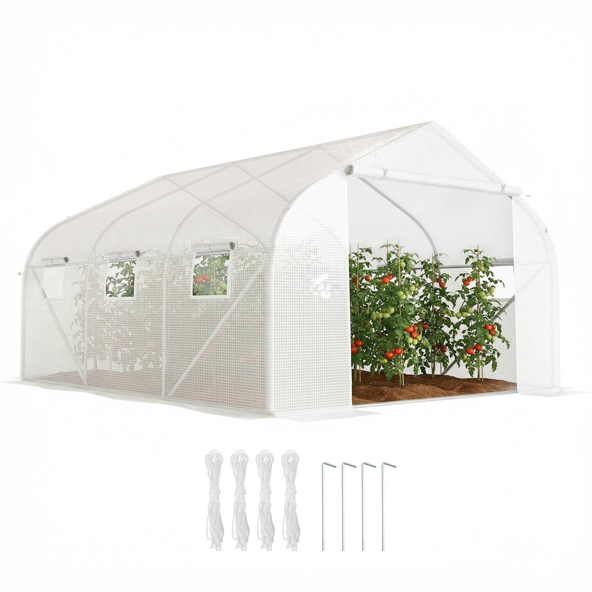 Sans Marque - Serre tunnel jardin 4,5x3x2 m bâche PE structure tubes métalliques serre potagère ventilation 6 fenêtres serre culture légumes fruits fleurs blanche - Image 1