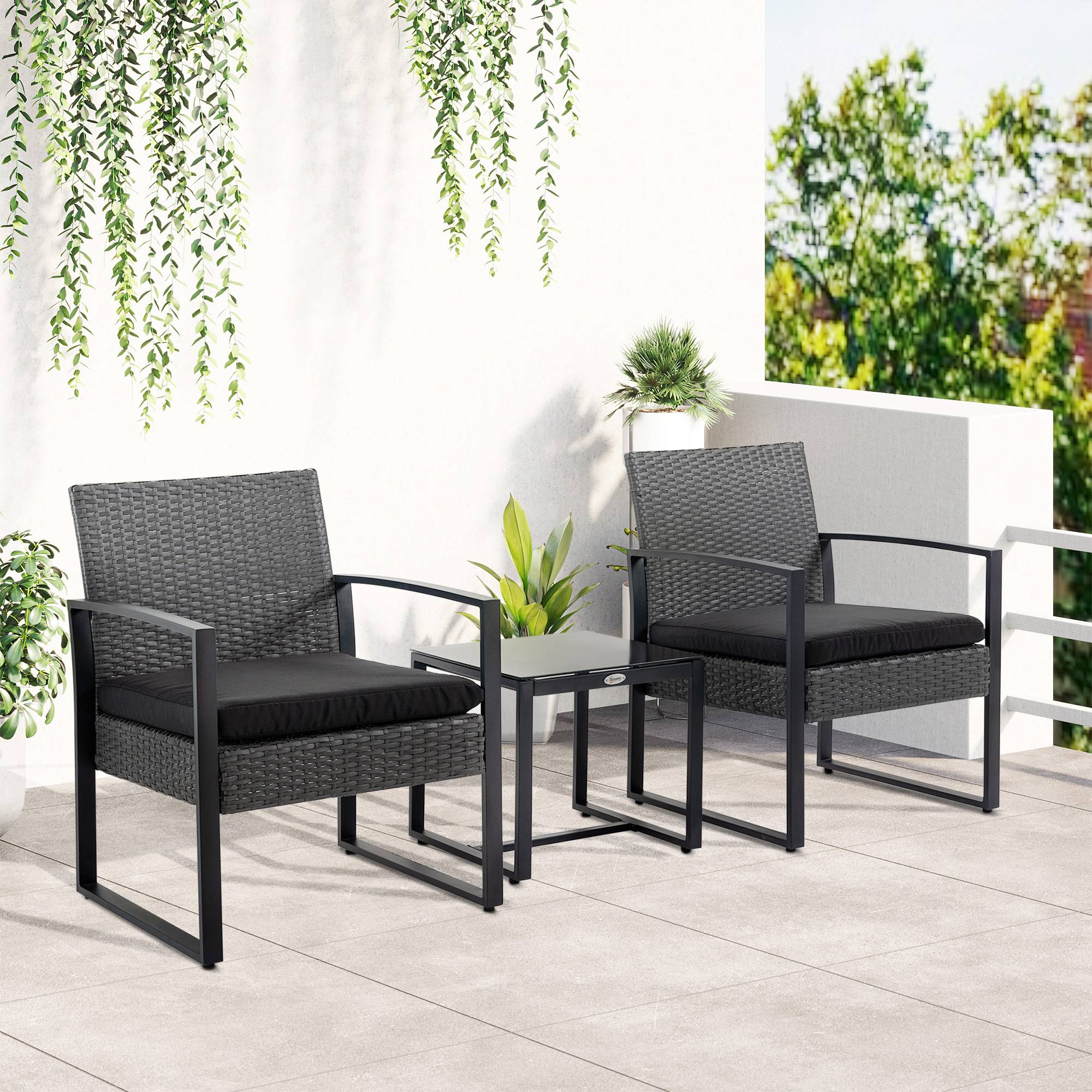 Outsunny - Salon de jardin 2 places 3 pièces 2 chaises avec coussins + table basse plateau verre trempé résine tressée aspect rotin noir - Outsunny - Image 2