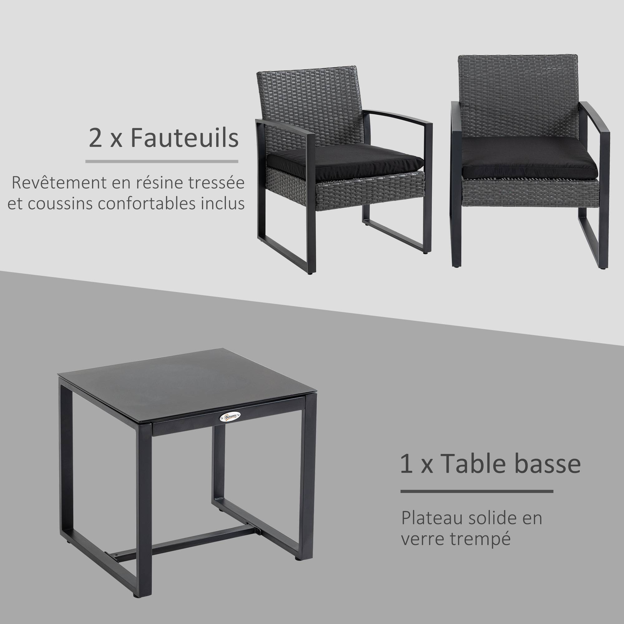 Outsunny - Salon de jardin 2 places 3 pièces 2 chaises avec coussins + table basse plateau verre trempé résine tressée aspect rotin noir - Outsunny - Image 5