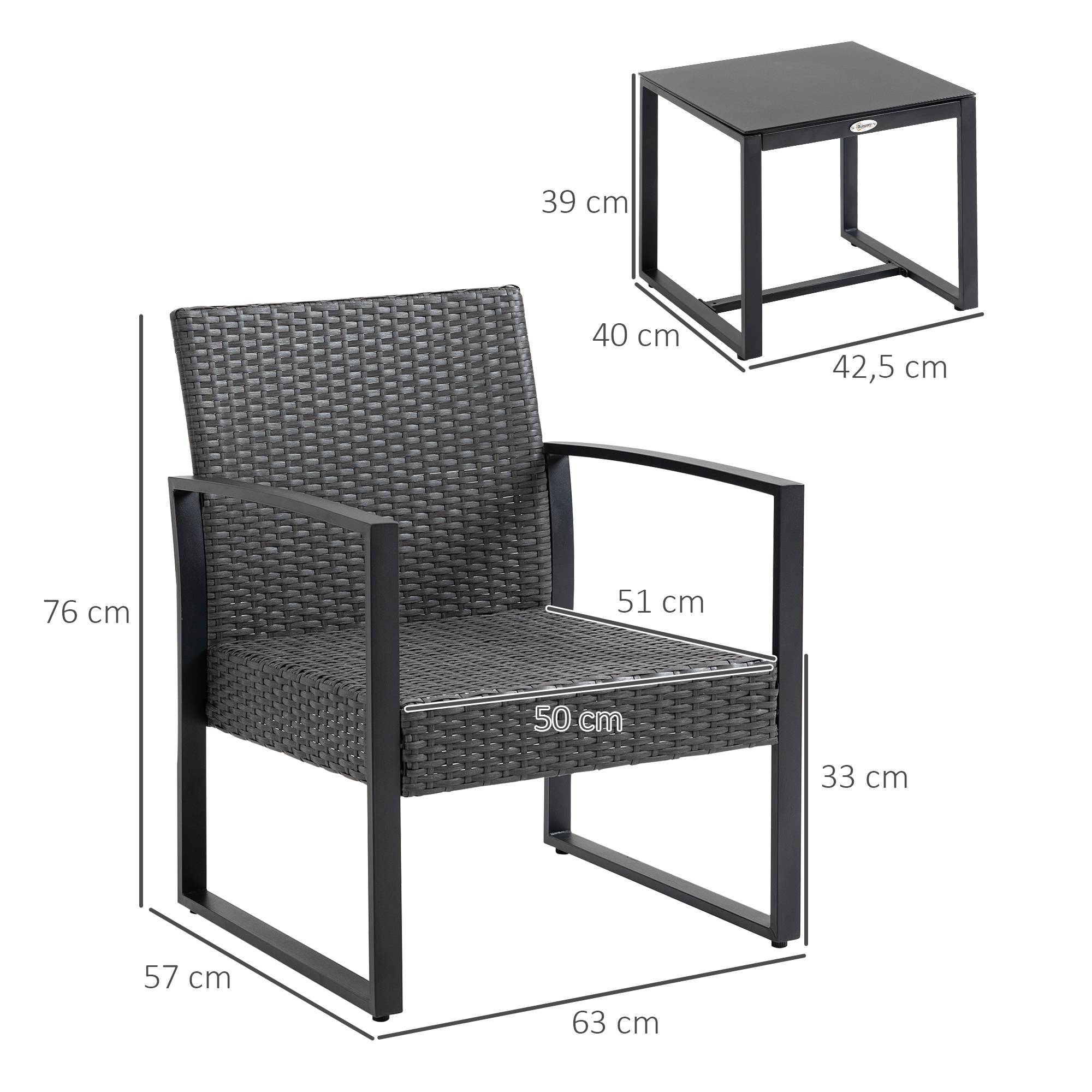 Outsunny - Salon de jardin 2 places 3 pièces 2 chaises avec coussins + table basse plateau verre trempé résine tressée aspect rotin noir - Outsunny - Image 3