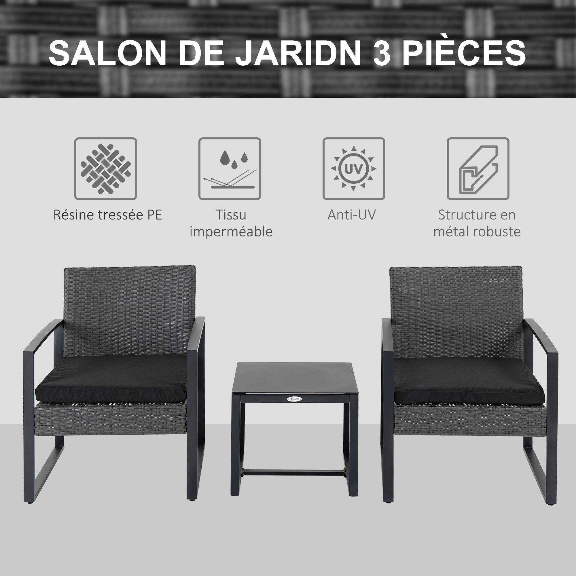 Outsunny - Salon de jardin 2 places 3 pièces 2 chaises avec coussins + table basse plateau verre trempé résine tressée aspect rotin noir - Outsunny - Image 4